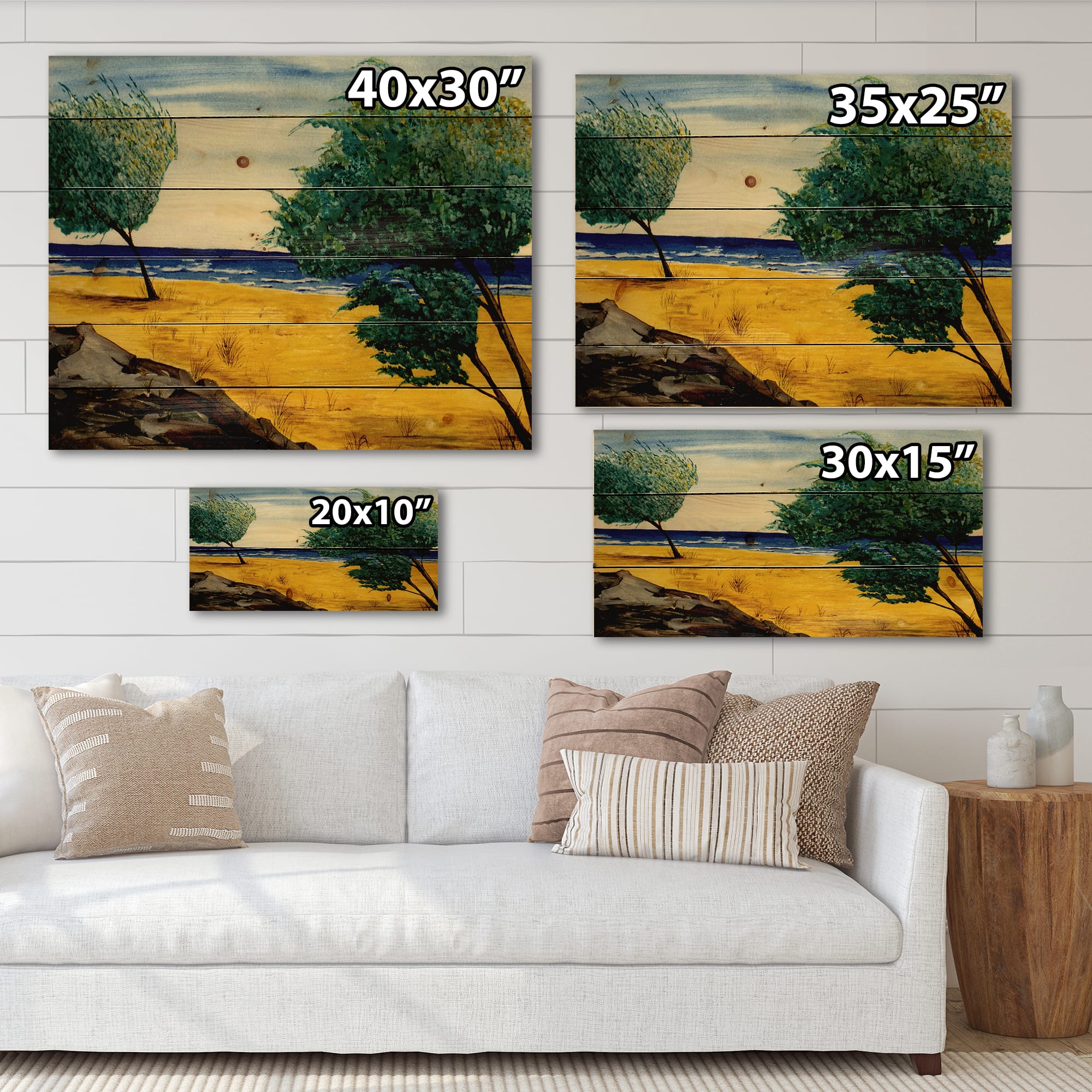Designart - Orange Beach By The Coastline - Nautical &#x26; Coastal Print on Natural Pine Wood