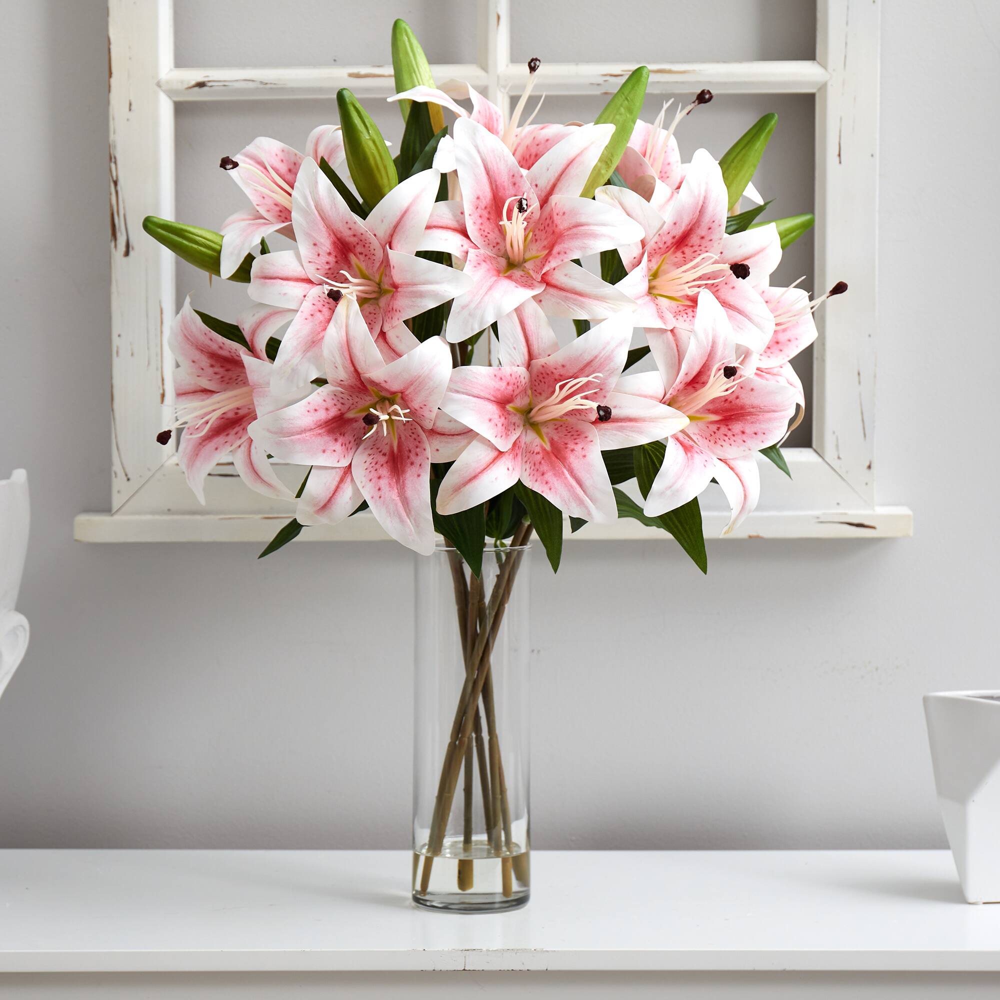 25" Artificial Pink Lily Arrangement with Cylinder Glass Vase