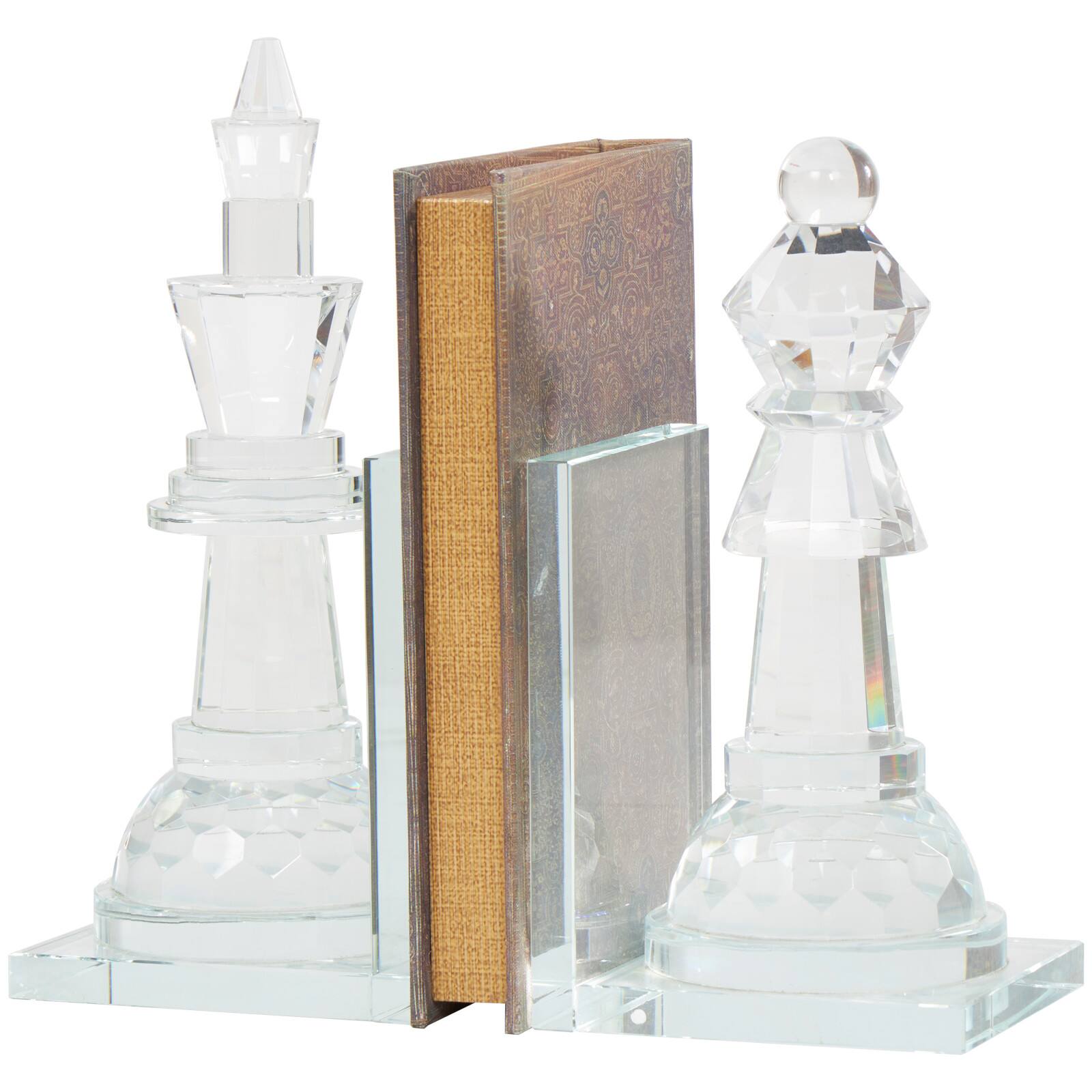 9.5" Clear Chess Oversized Bookends with Cut Crystal Designs Set