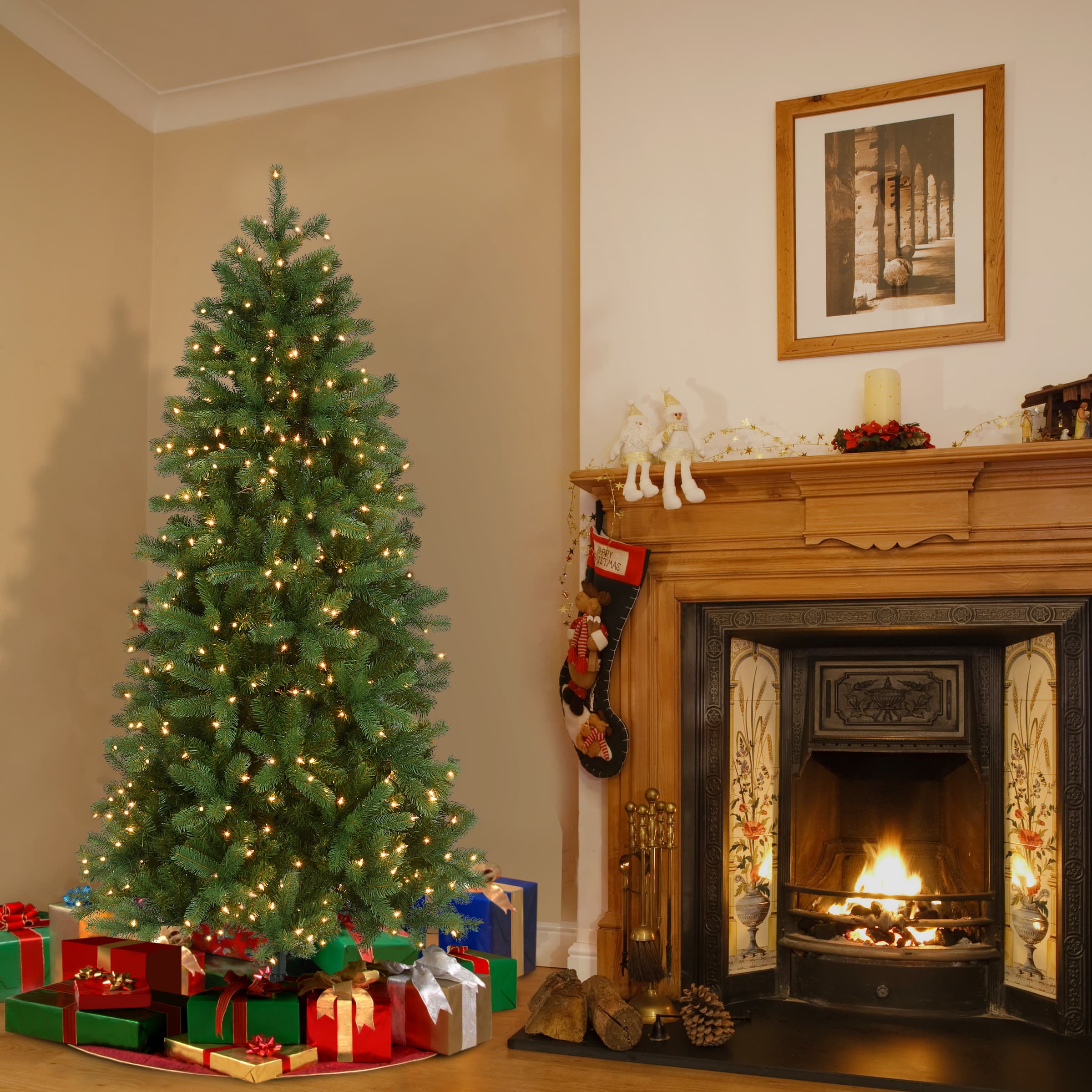 6.5 Ft. Pre-Lit Feel Real&#xAE; Downswept Douglas Fir Slim Artificial Christmas Tree, Clear Lights