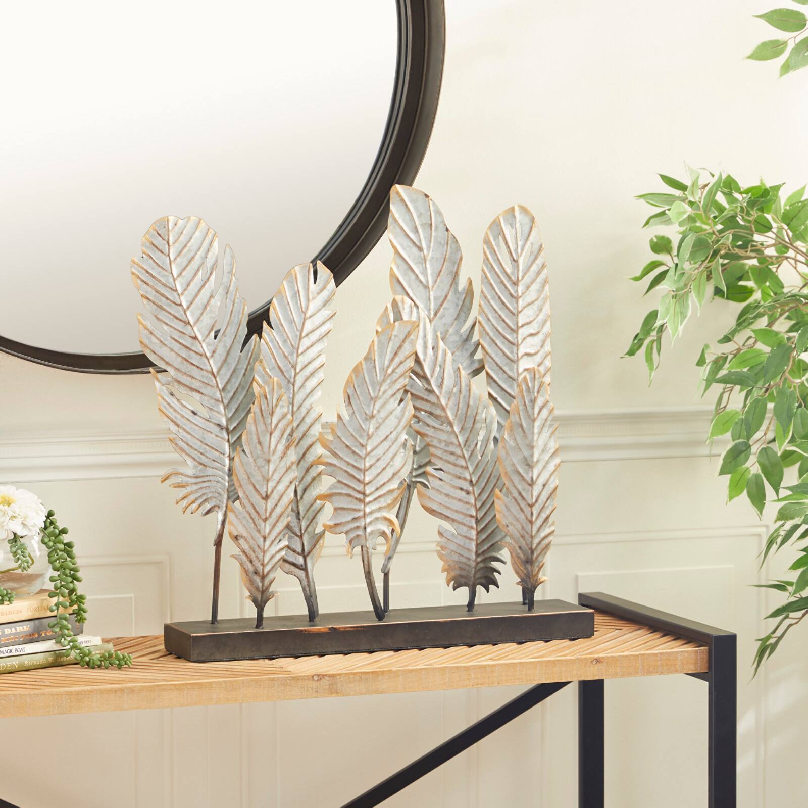 21&#x22; Gray Metal Contemporary Feather Sculpture