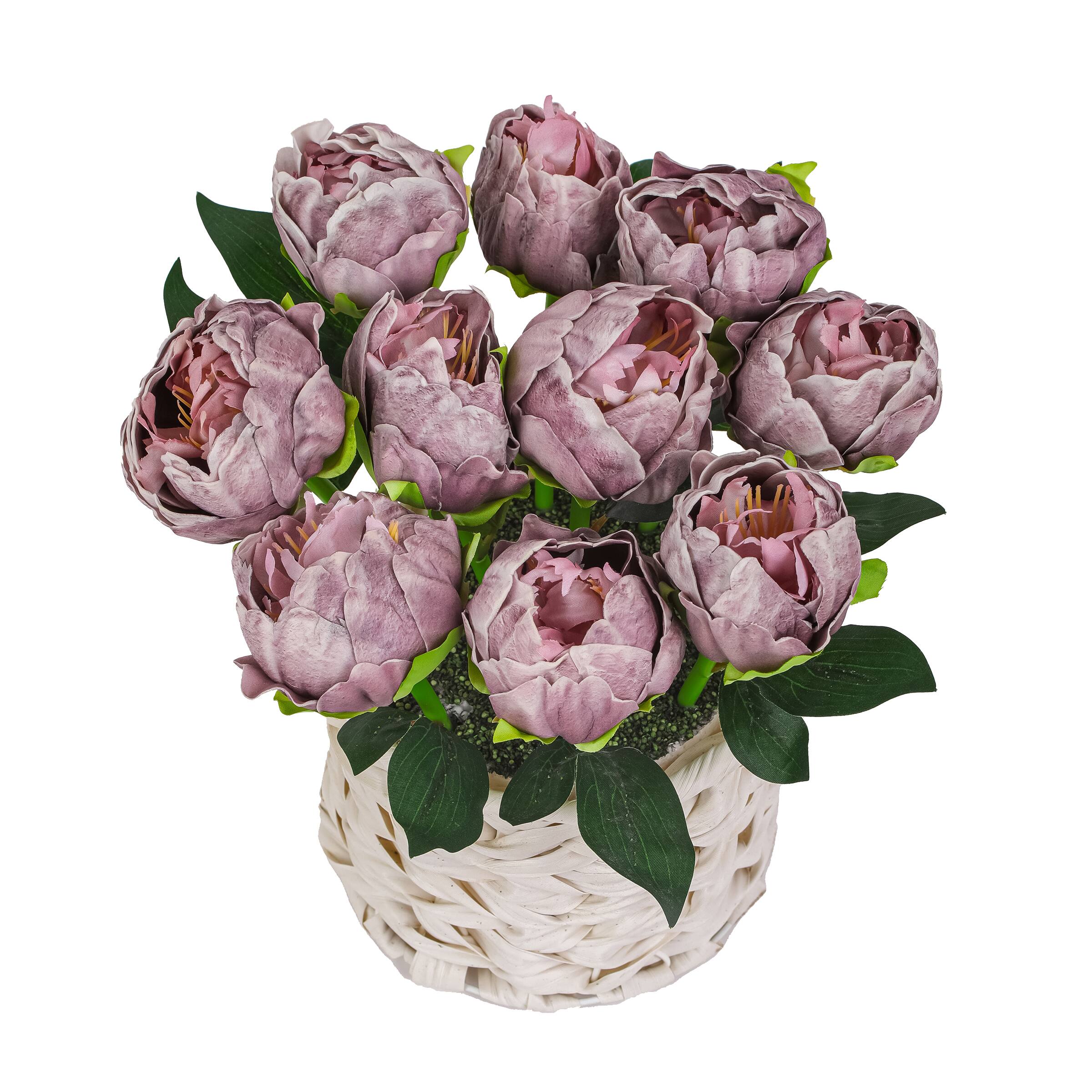 10" Peony Flower Bouquet In White Basket