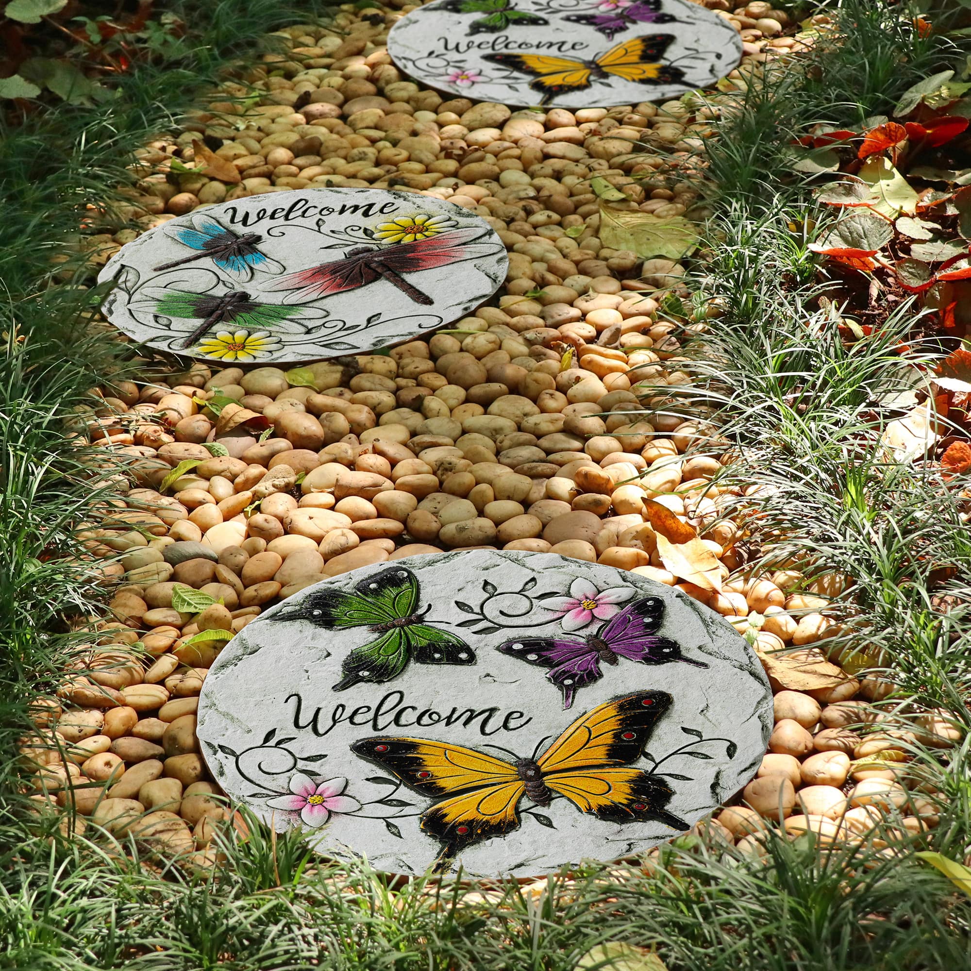 Glitzhome® 9.75" Butterflies & Dragonflies Patterned Cement Stepping Stones Set