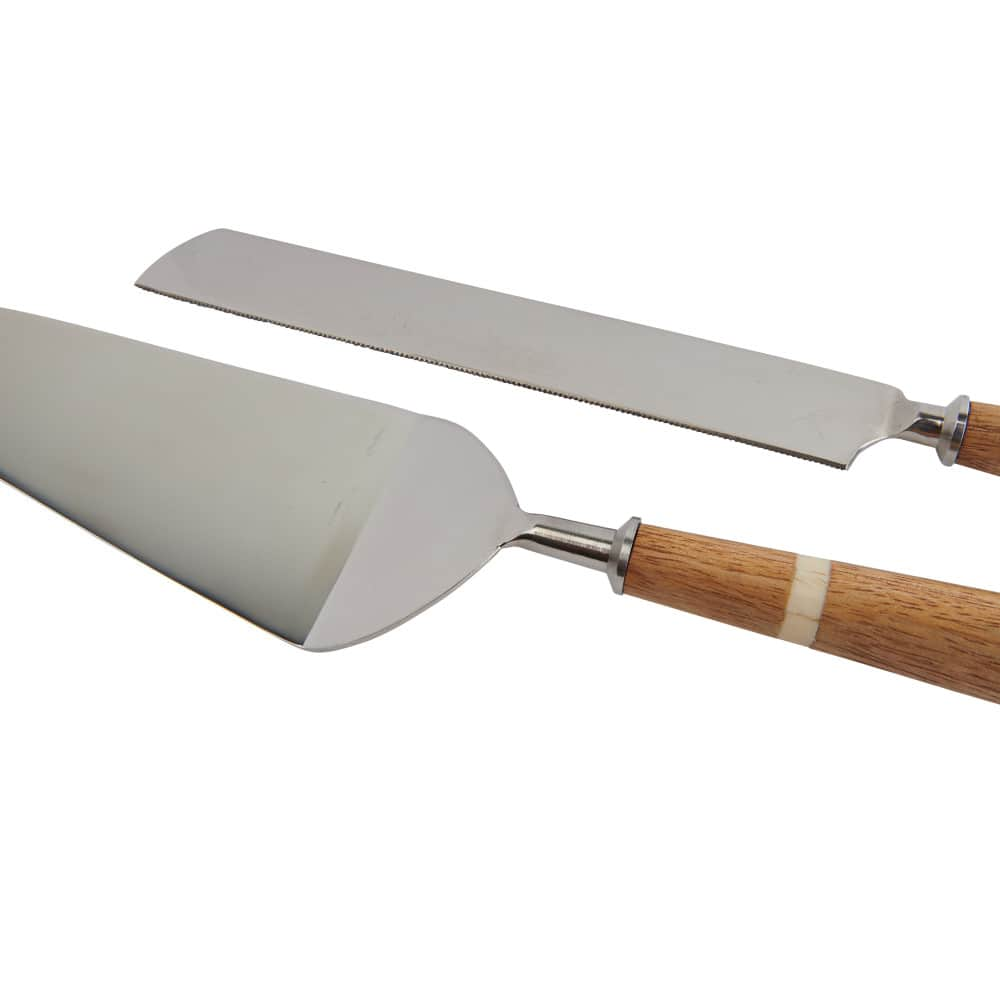 Stainless Steel Cake Knife &#x26; Server Set with Wood &#x26; Horn Inlay Handle