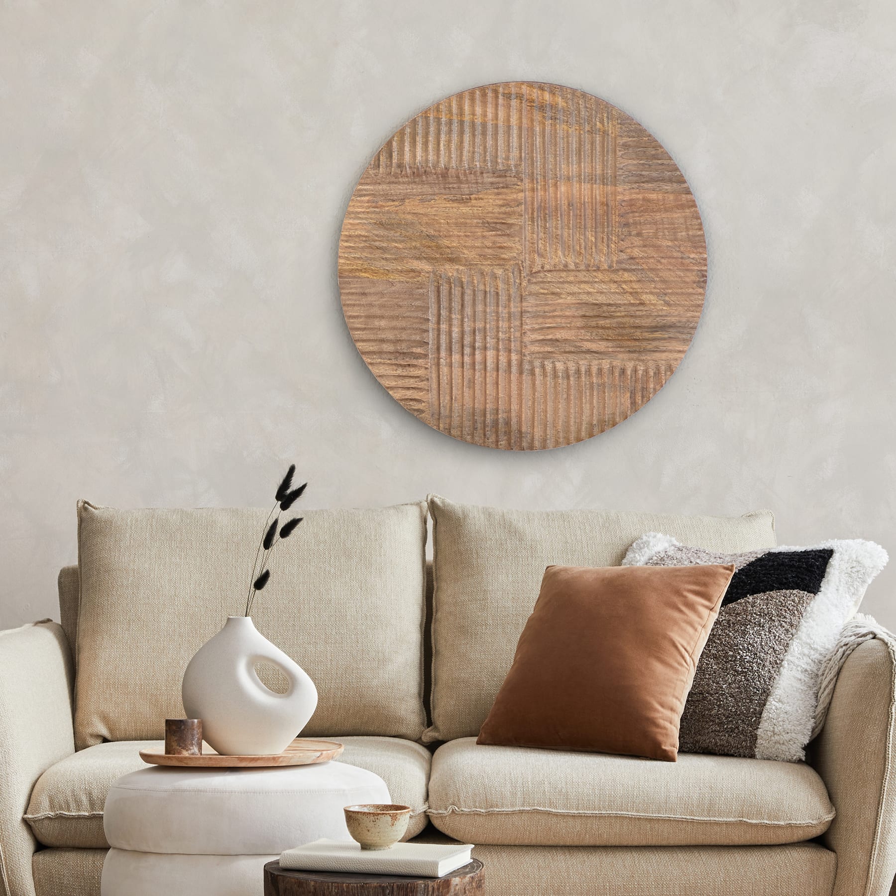 Habitat Izzy 20" Natural Crosshatch Round Wood Wall Art