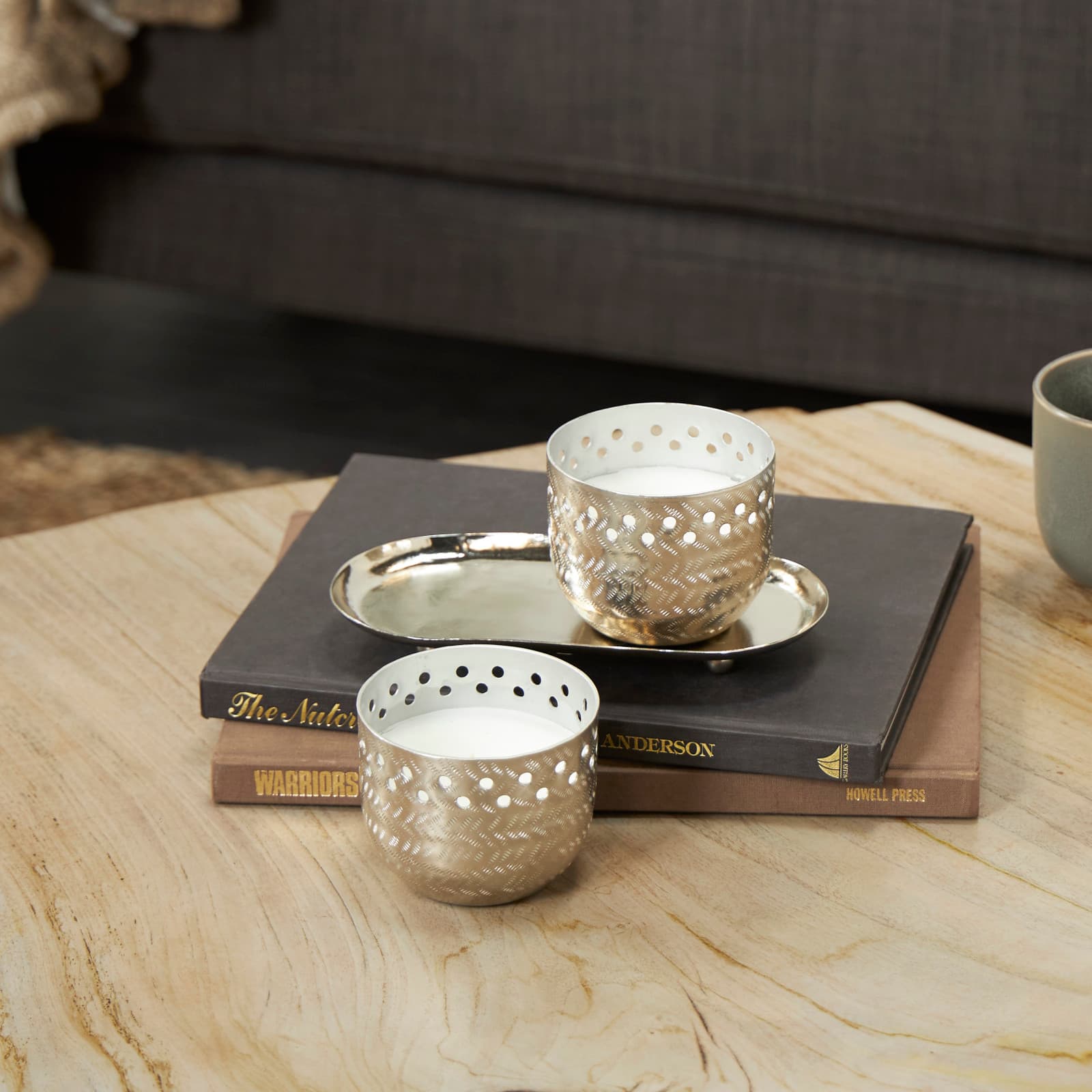 7oz. White Sage Scented Candles in Cut Out Silver Bowls and Tray