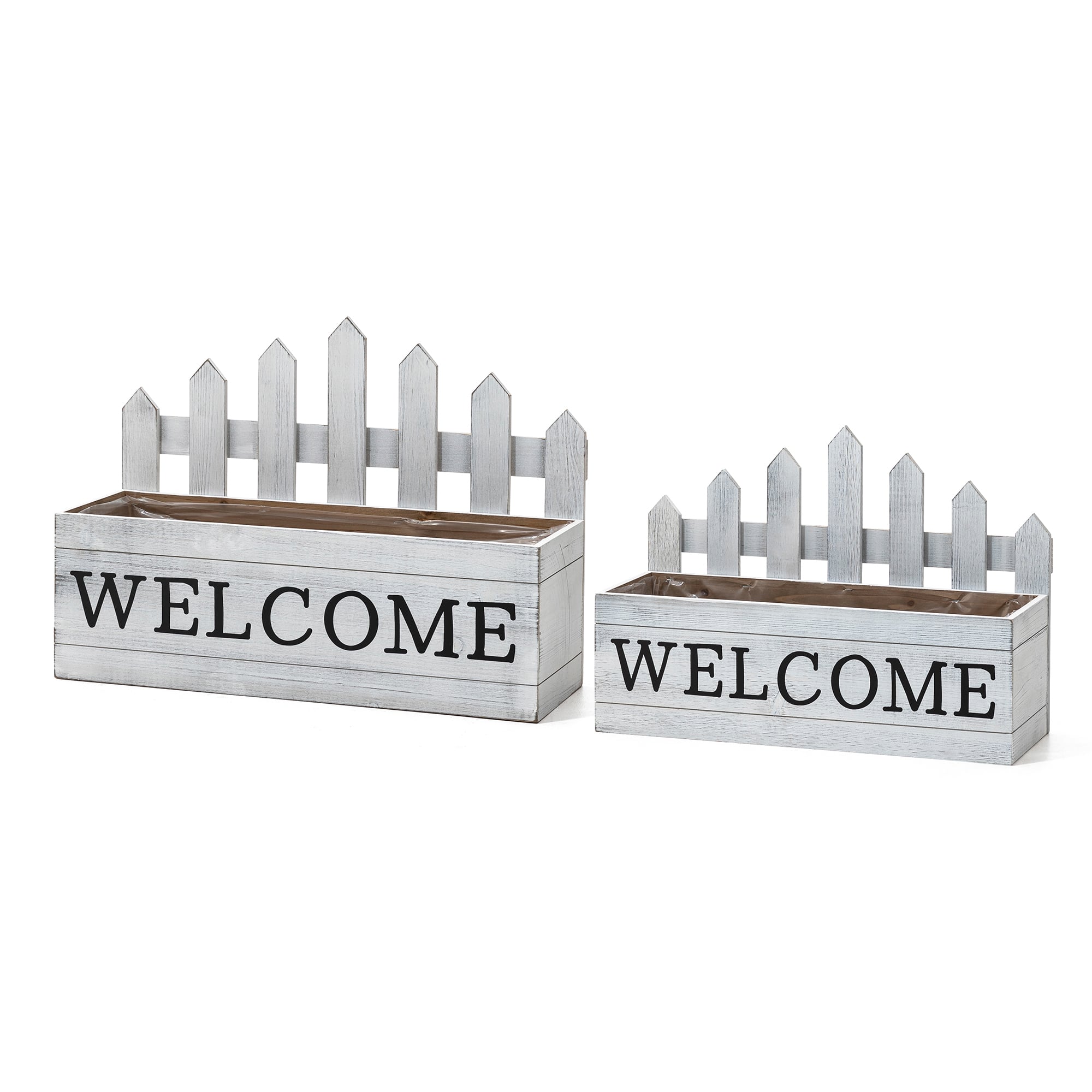 Glitzhome® White Wood WELCOME Fence-Inspired Planter Stand Set
