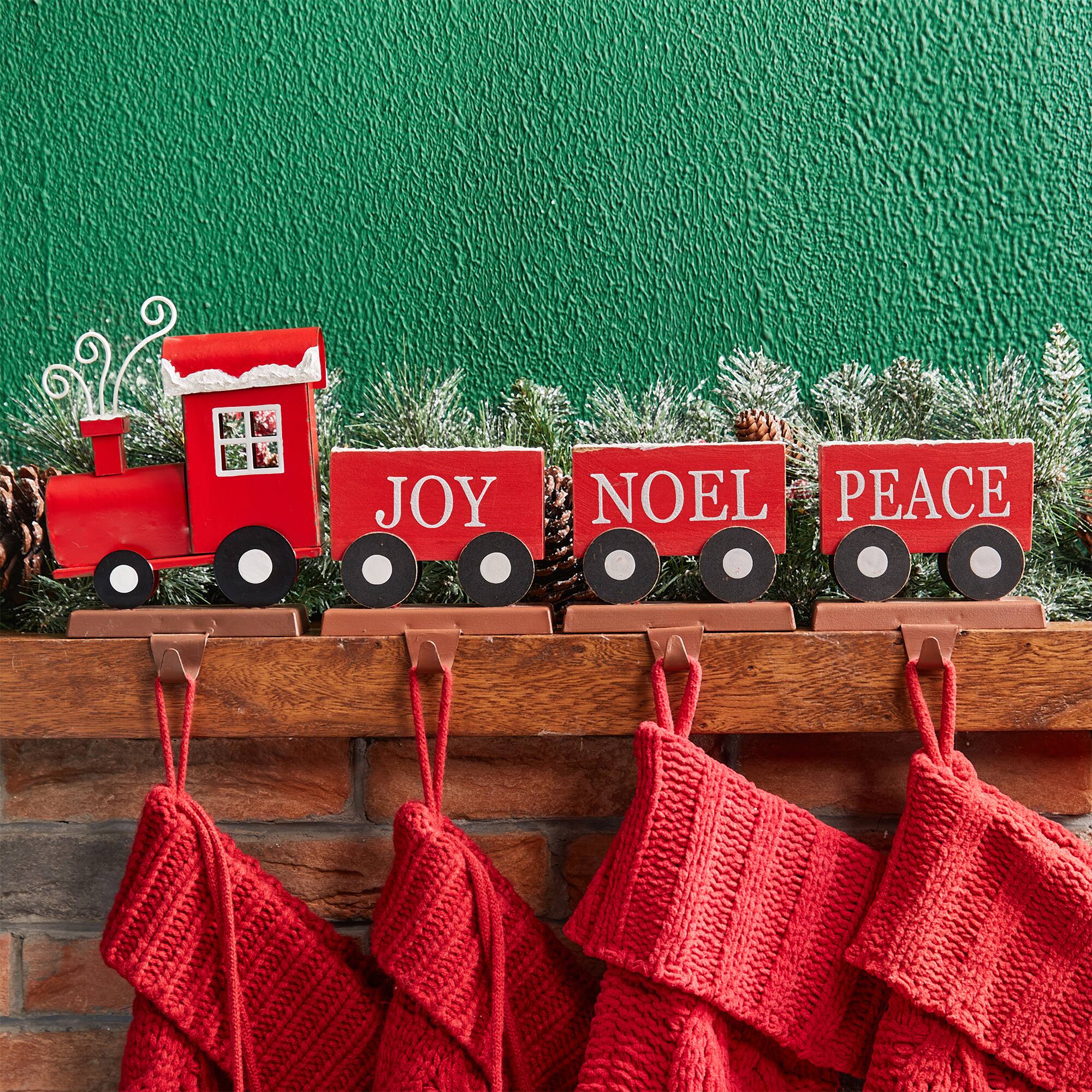 Glitzhome® 9" Christmas Train Wooden Metal Stocking Holder Set