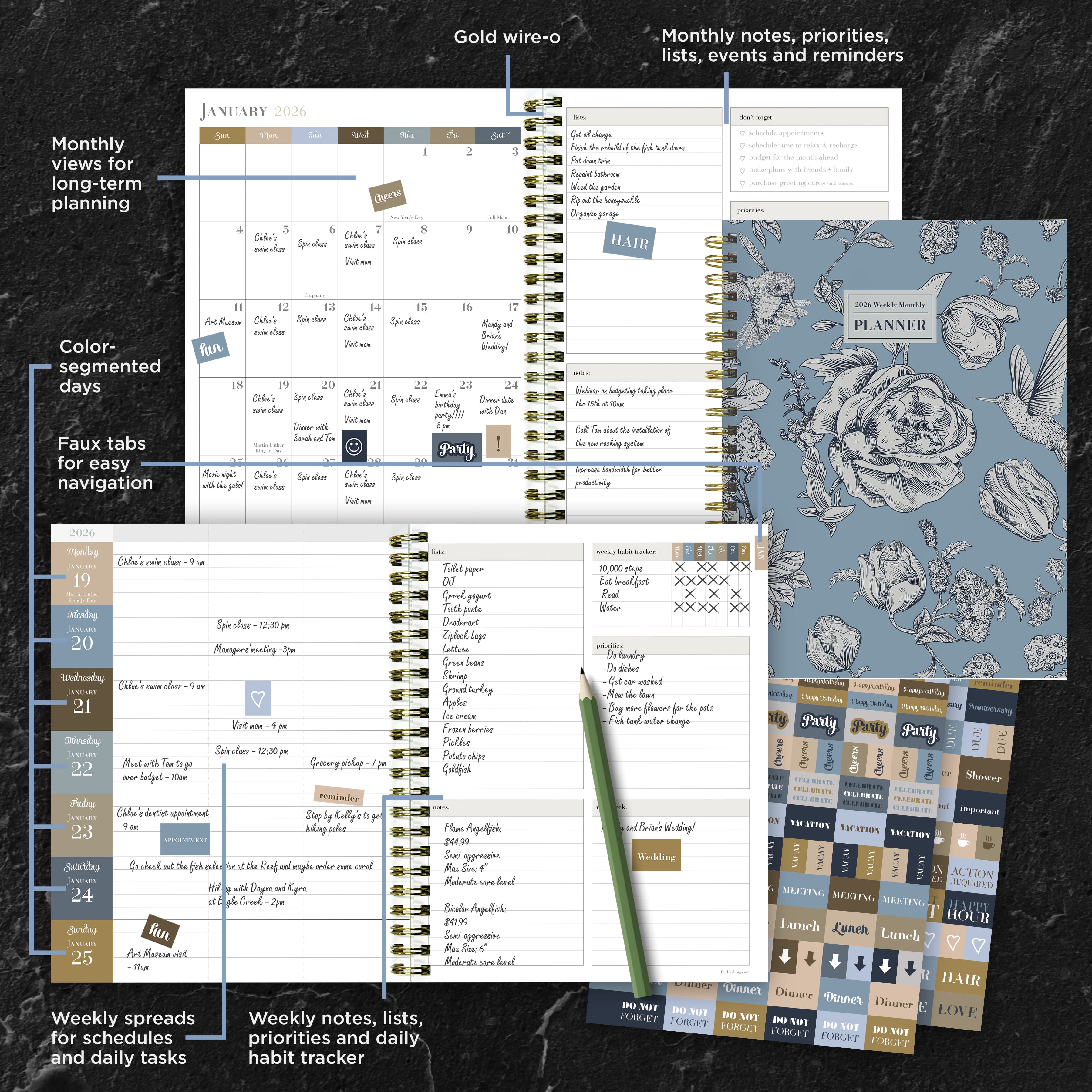 2026 Garden Roses Medium Weekly Monthly Planner
