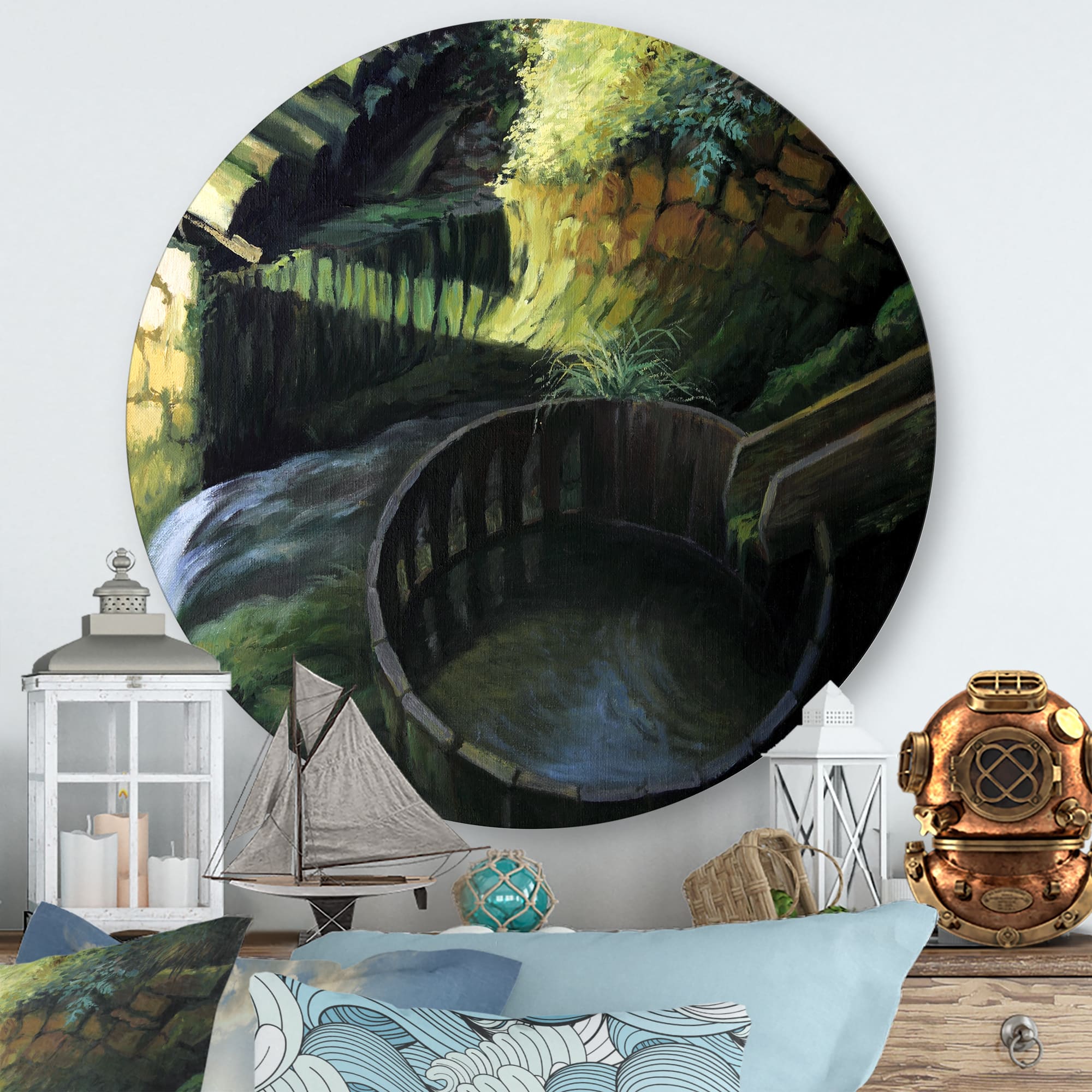 Designart - Old Watermill In Nature Landscape - Lake House Metal Circle Wall Art