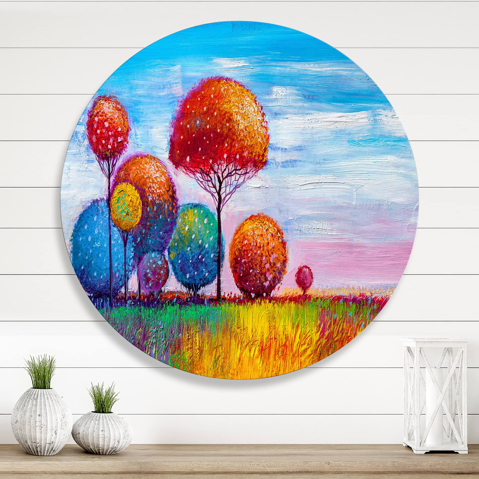 Designart - Colourful Ornamental Trees IX - Modern Metal Circle Wall Art