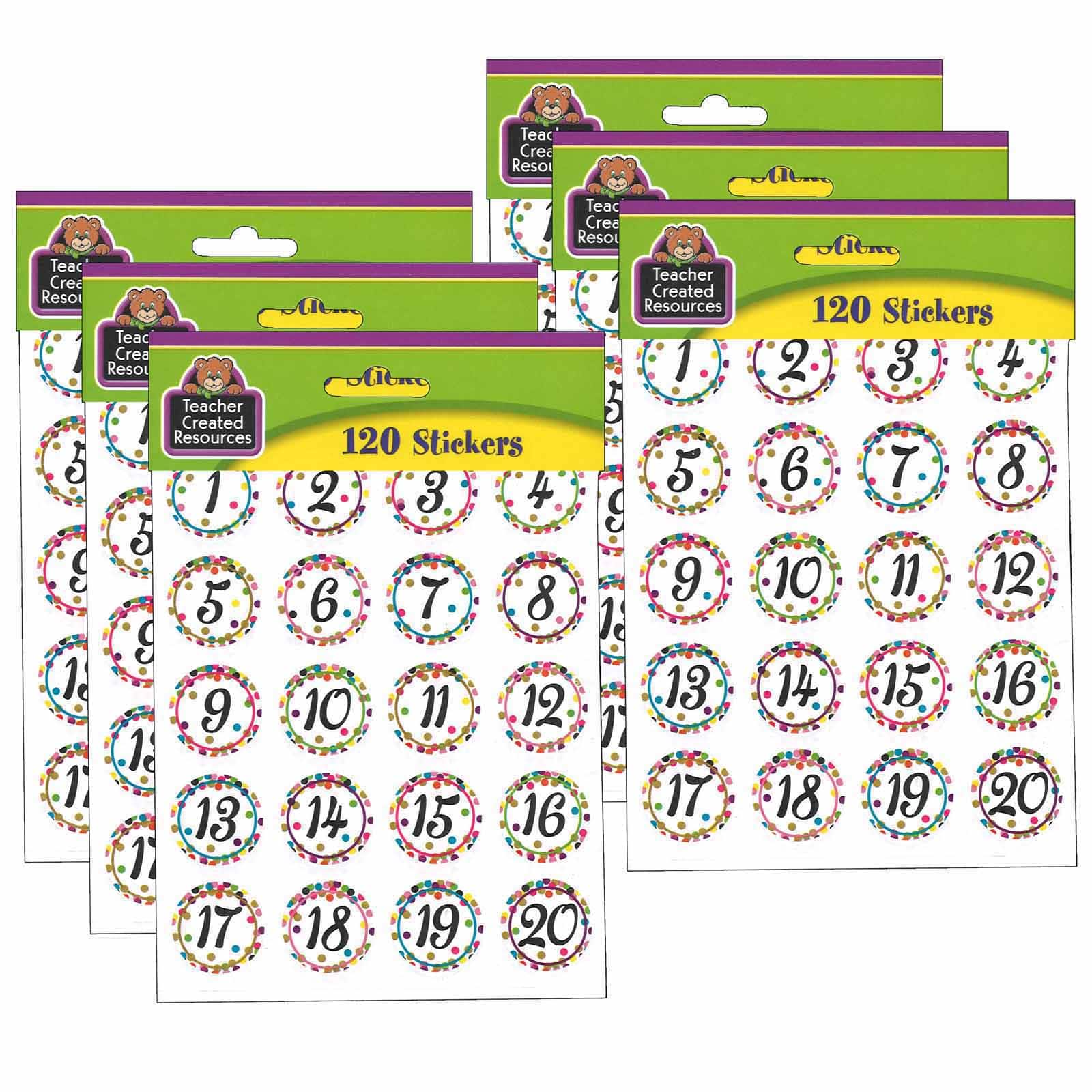 Teacher Created Resources Confetti Number Stickers, 6 Packs of 120
