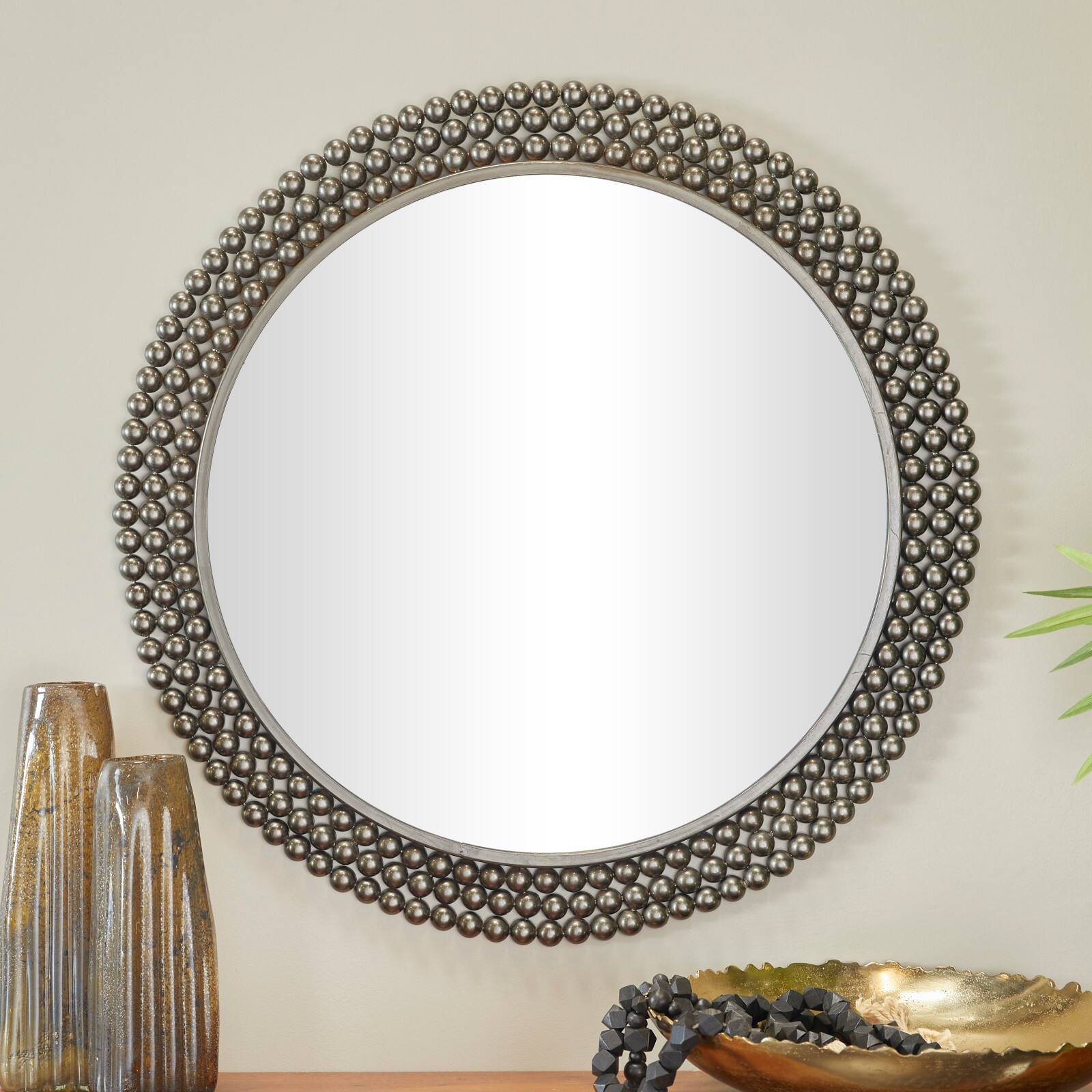 CosmoLiving by Cosmopolitan Black Metal Ball Wall Mirror with Beaded Detailing 32&#x22; x 1&#x22; x 32&#x22;