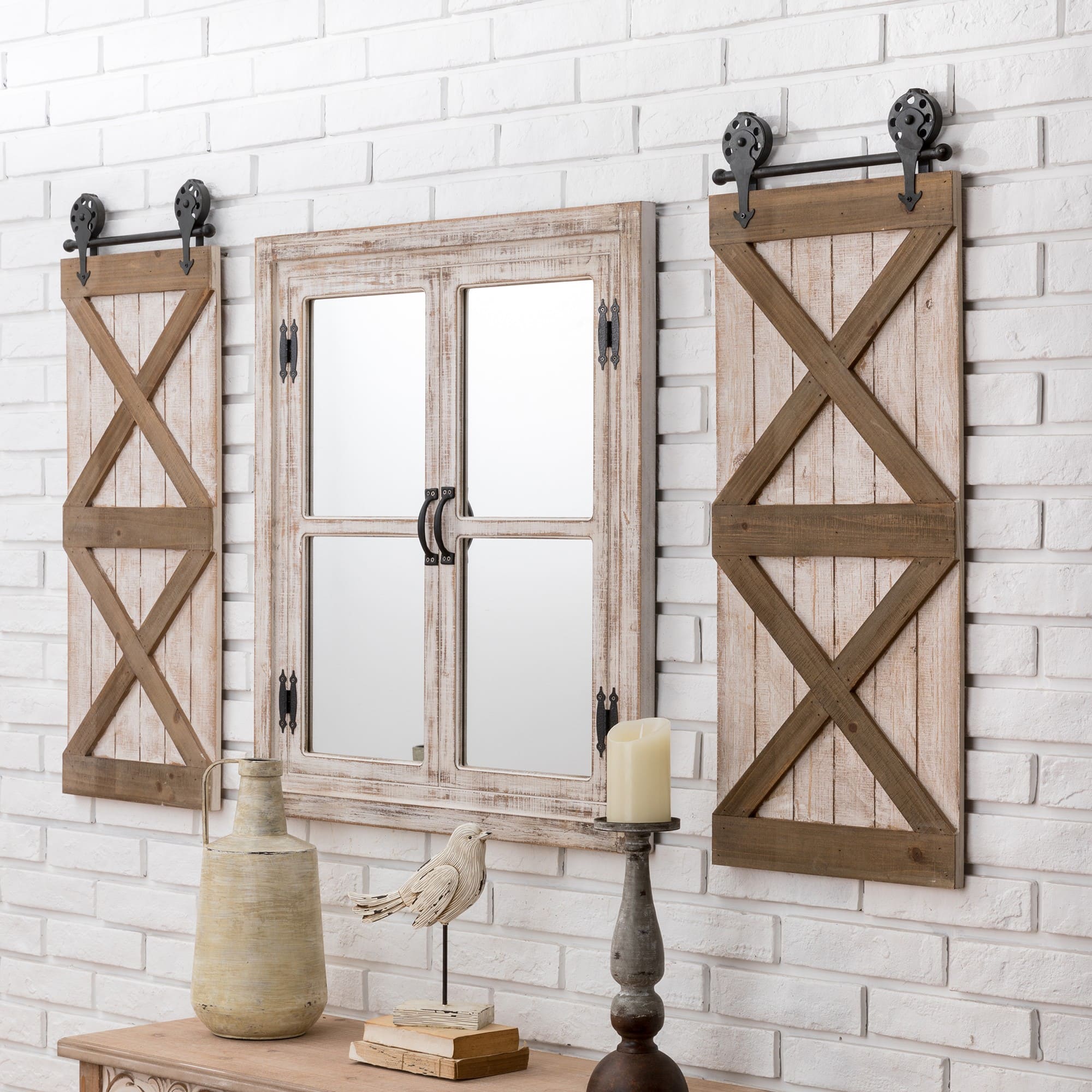 Glitzhome® 31.5" Washed White Wooden Farmhouse Square Windowpane Wall Mirror