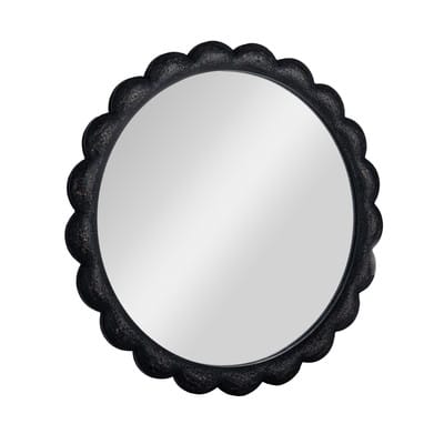 27" Black Round Scalloped Wood Wall Mirror