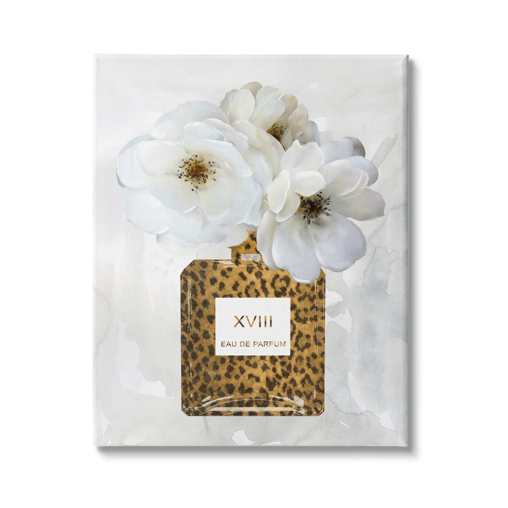 Stupell Industries Leopard Print Perfume Bottle Glam White Spring Florals Canvas Wall Art