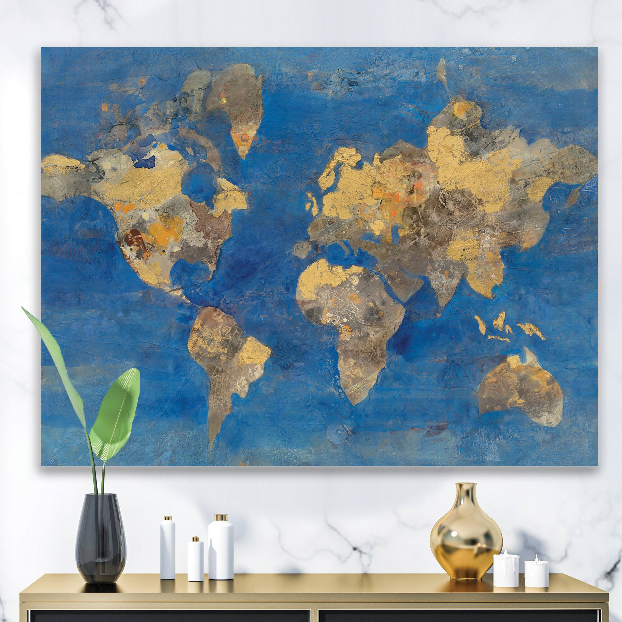 Designart - Golden Glam World Map - Traditional Canvas Artwork