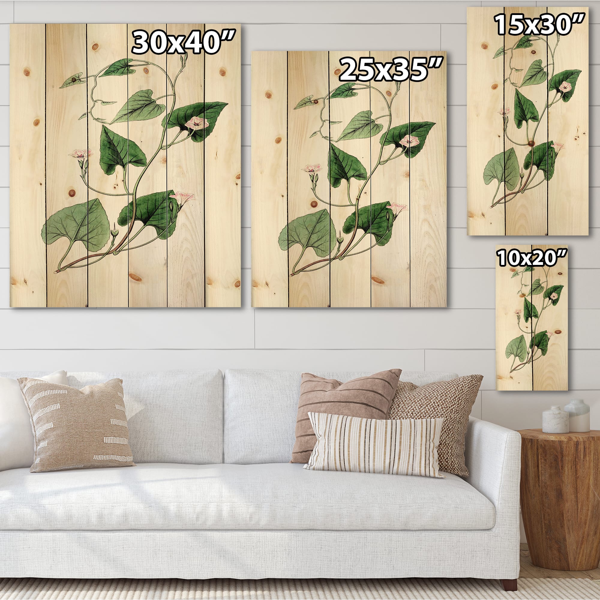 Designart - Vintage Green Leaves Plants IX - Traditional Print on Natural Pine Wood