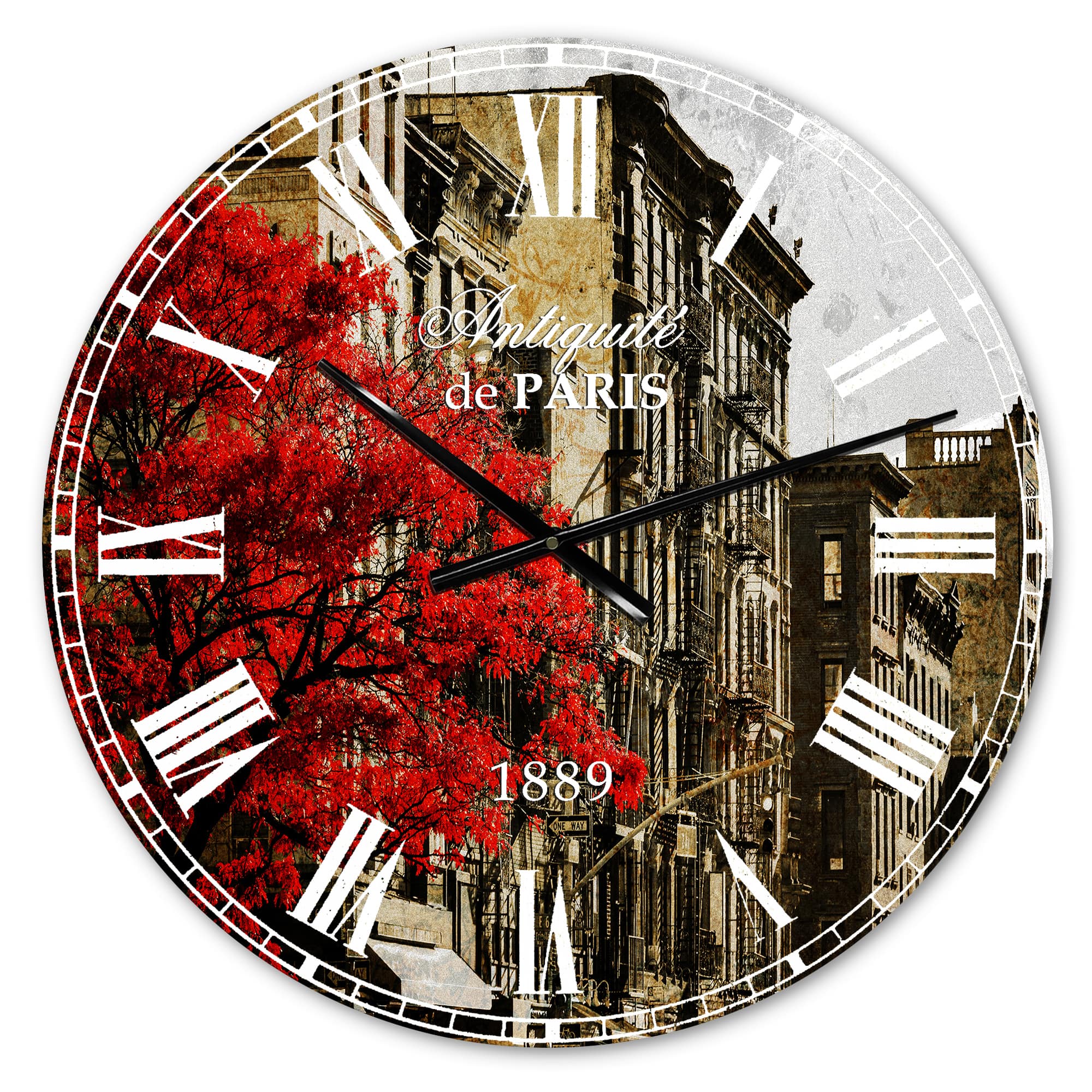 Designart 'Red Tree On Black And White New York City Street Industrial Wall Clock