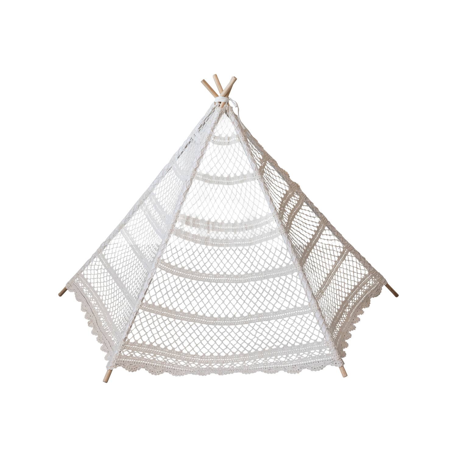 Hello Honey&#xAE; 43.5&#x22; Natural Reclaimed Cotton Crocheted &#x26; Teakwood Teepee with Mat