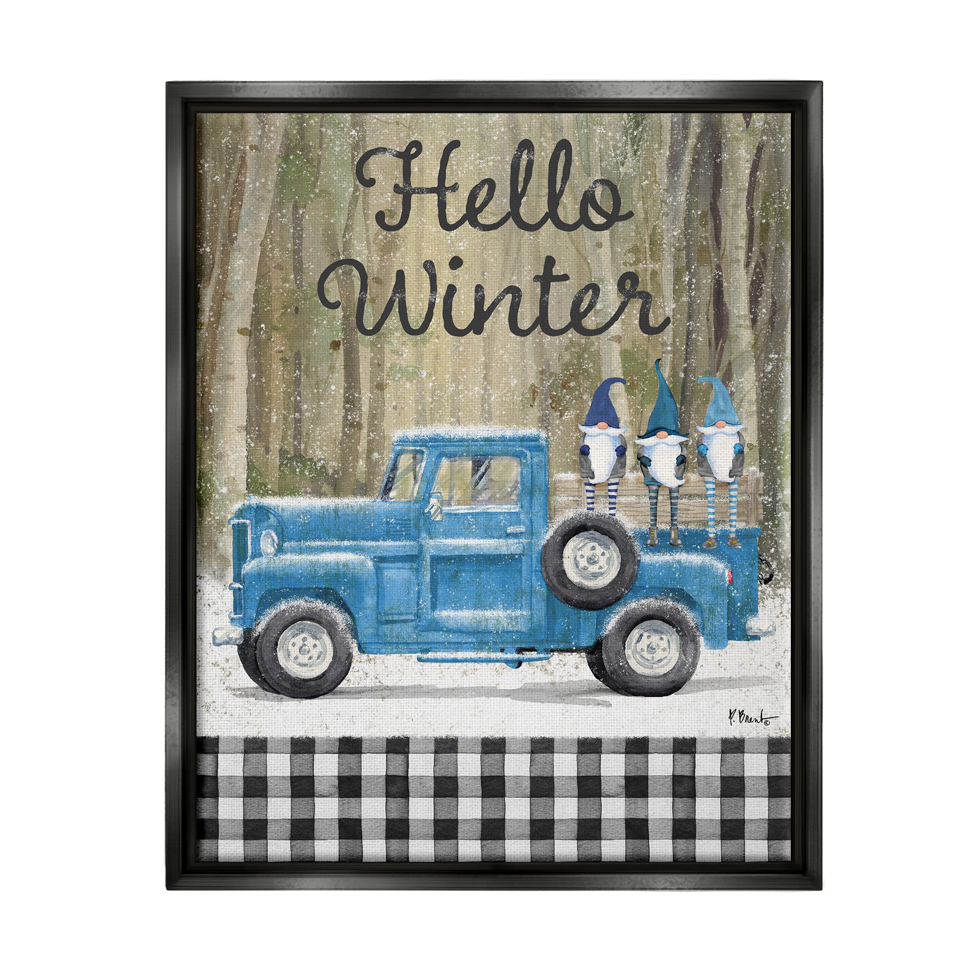 Stupell Industries Hello Winter Plaid Gnomes Framed Floater Canvas Wall Art