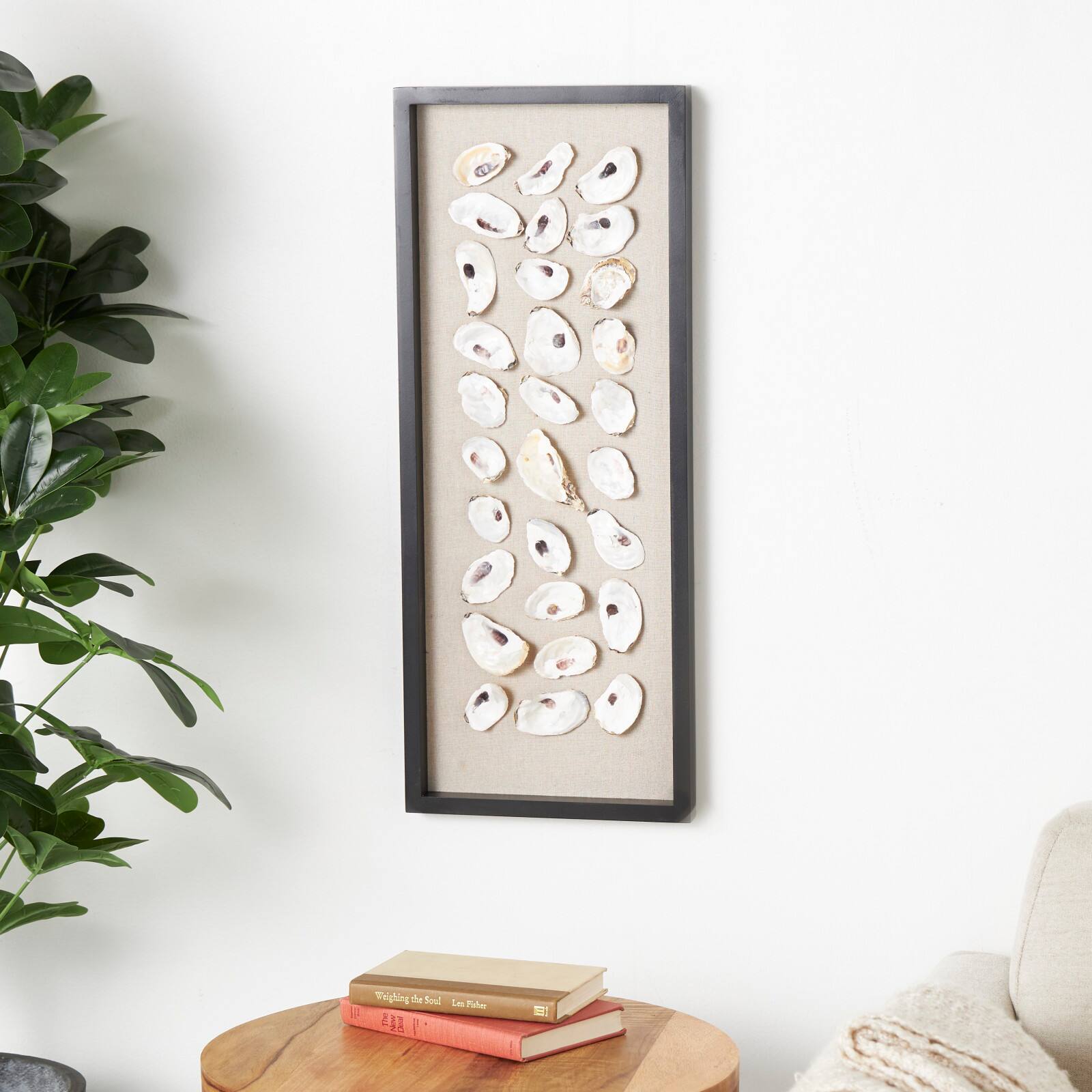 Cream Shell Shell Handmade Abstract Wall Décor with Beige Linen Backing & Black Frame