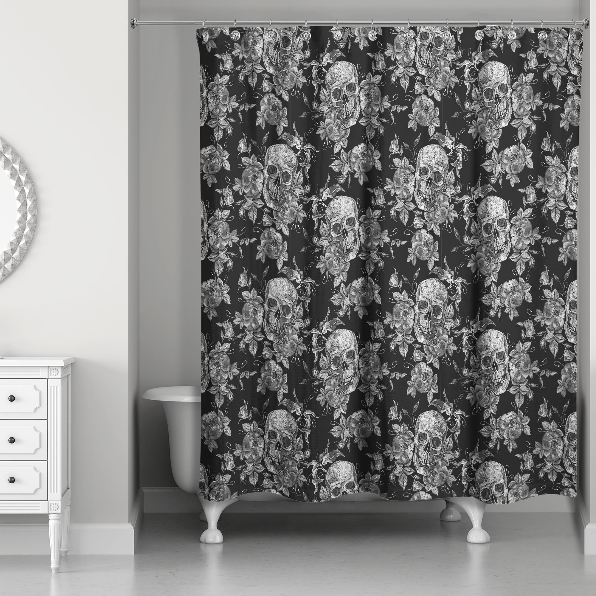 60/72/79" Halloween Floral Skull Waterproof Polyester Shower Curtain &Hook 2672 