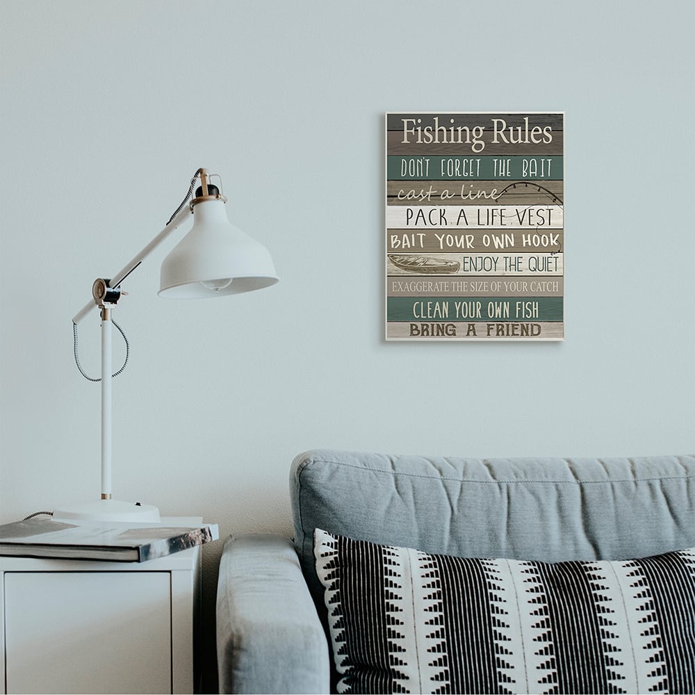 Stupell Industries Rustic Fishing Rules Sign Brown Green Beige Wood Wall Plaque