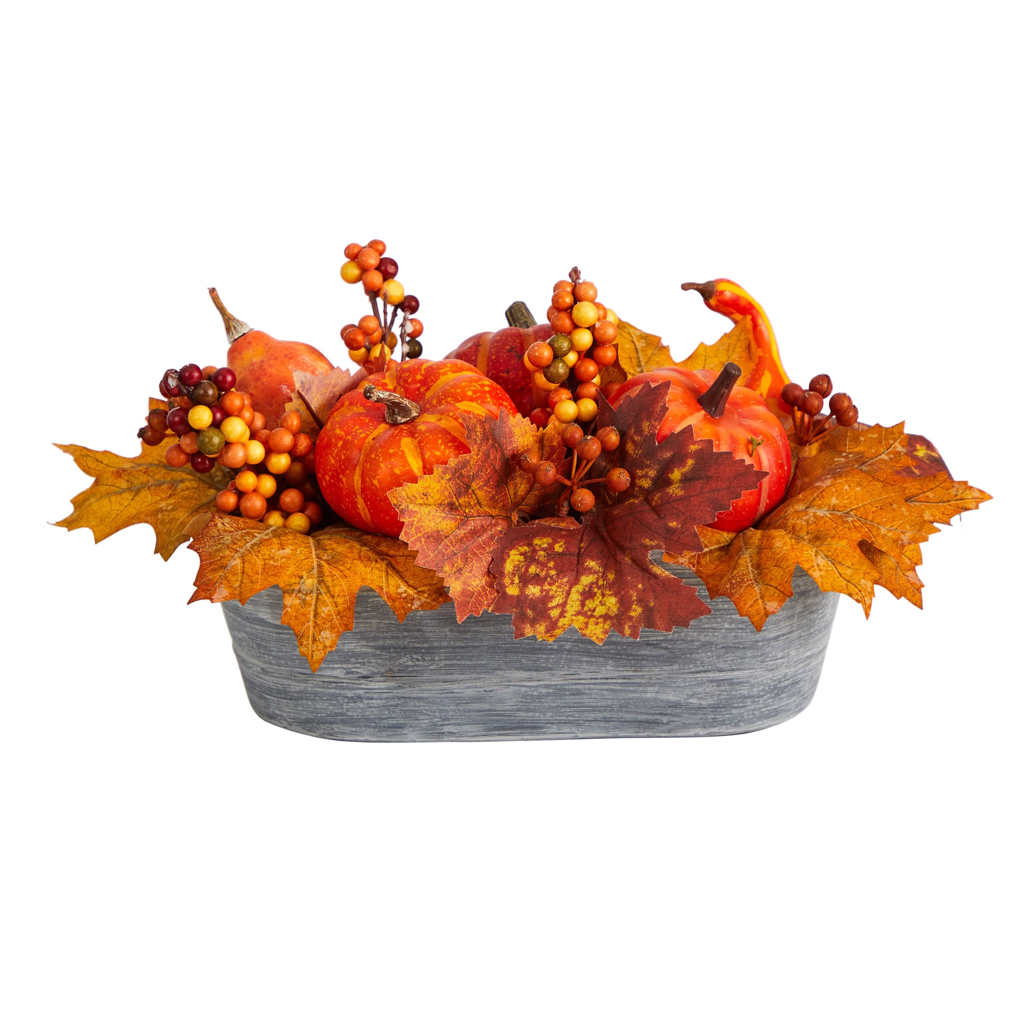 12" Pumpkin & Berries Autumn Harvest Arrangement In Washed Vase