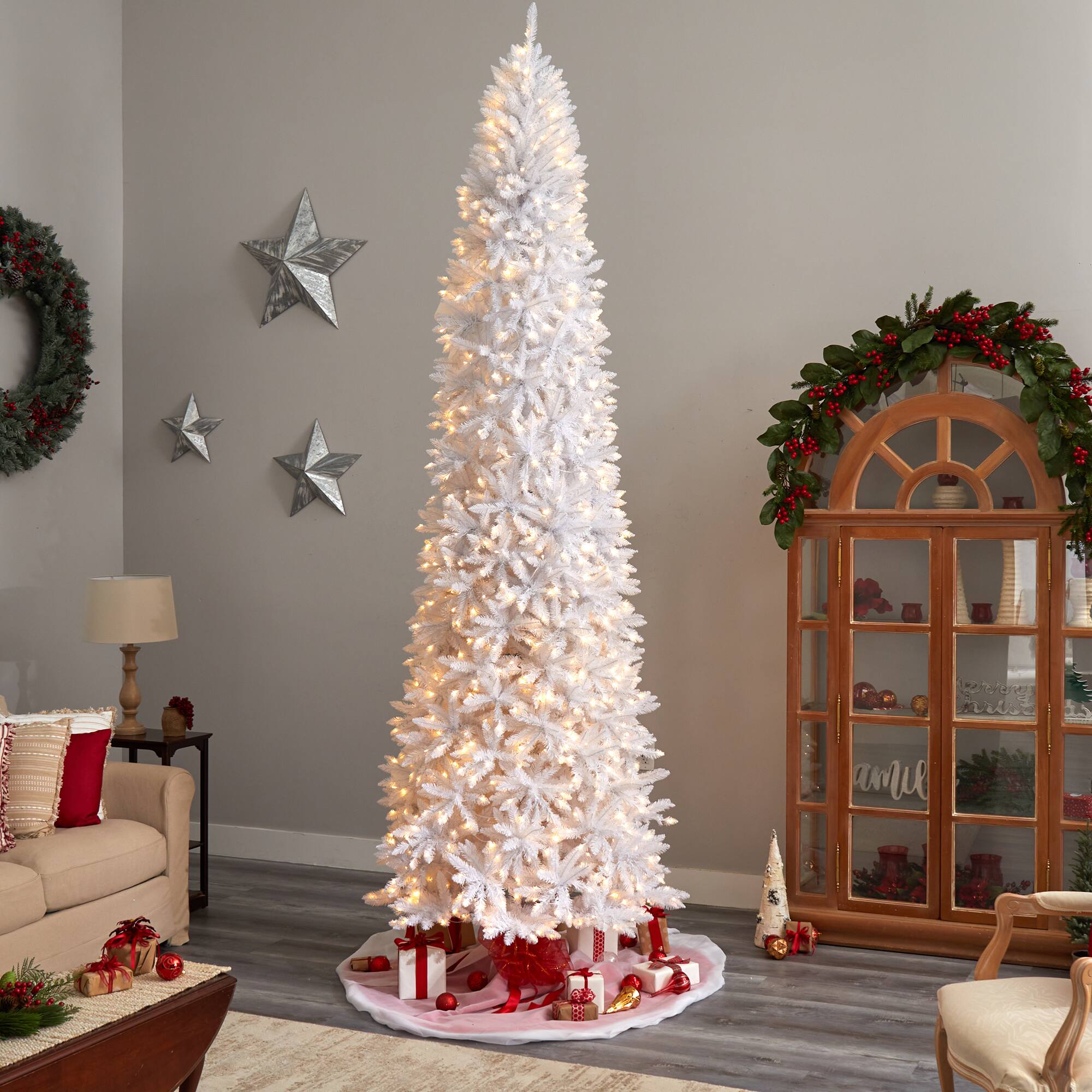 11ft. Pre-Lit Slim White Artificial Christmas Tree, Warm White LED Lights