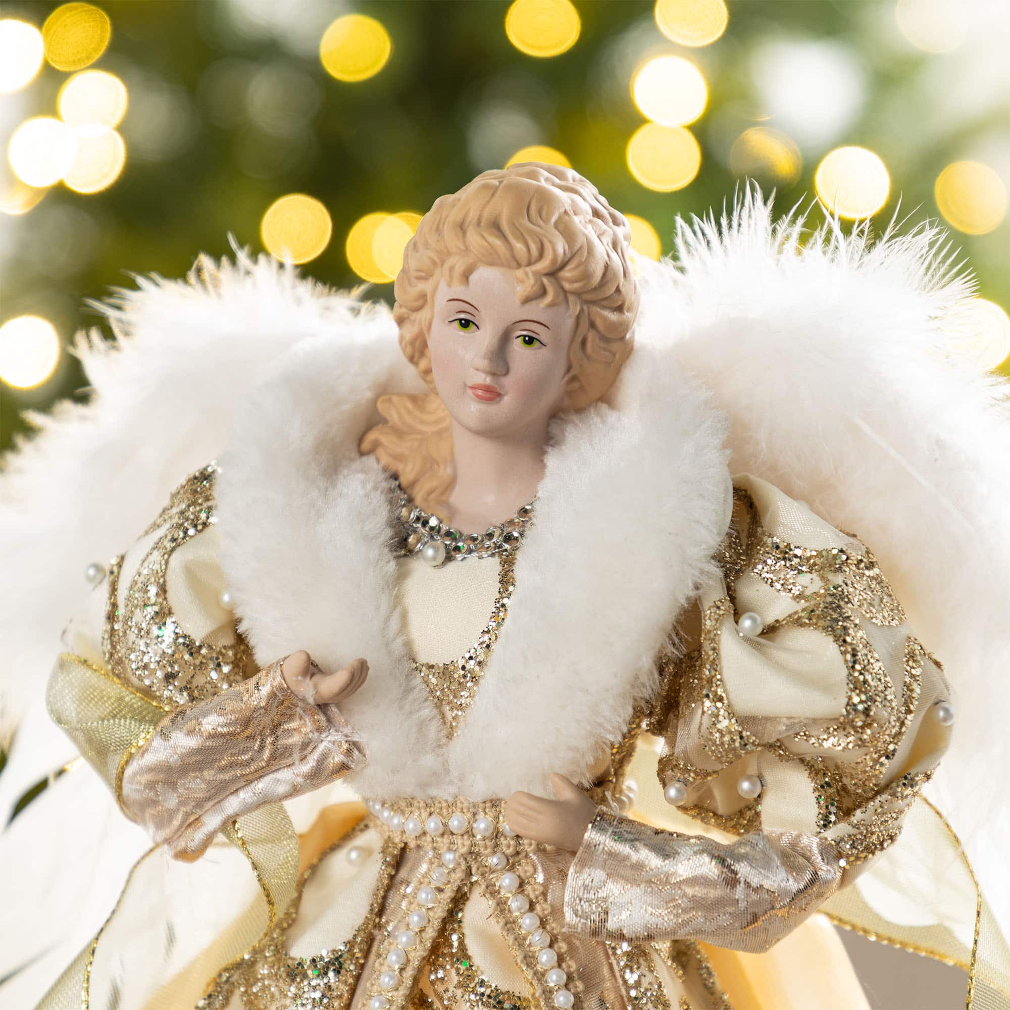 Glitzhome&#xAE; 18.5&#x22;H Faux Fur &#x26; PVC Christmas Elegant Angel Tree Topper with Porcelain Face