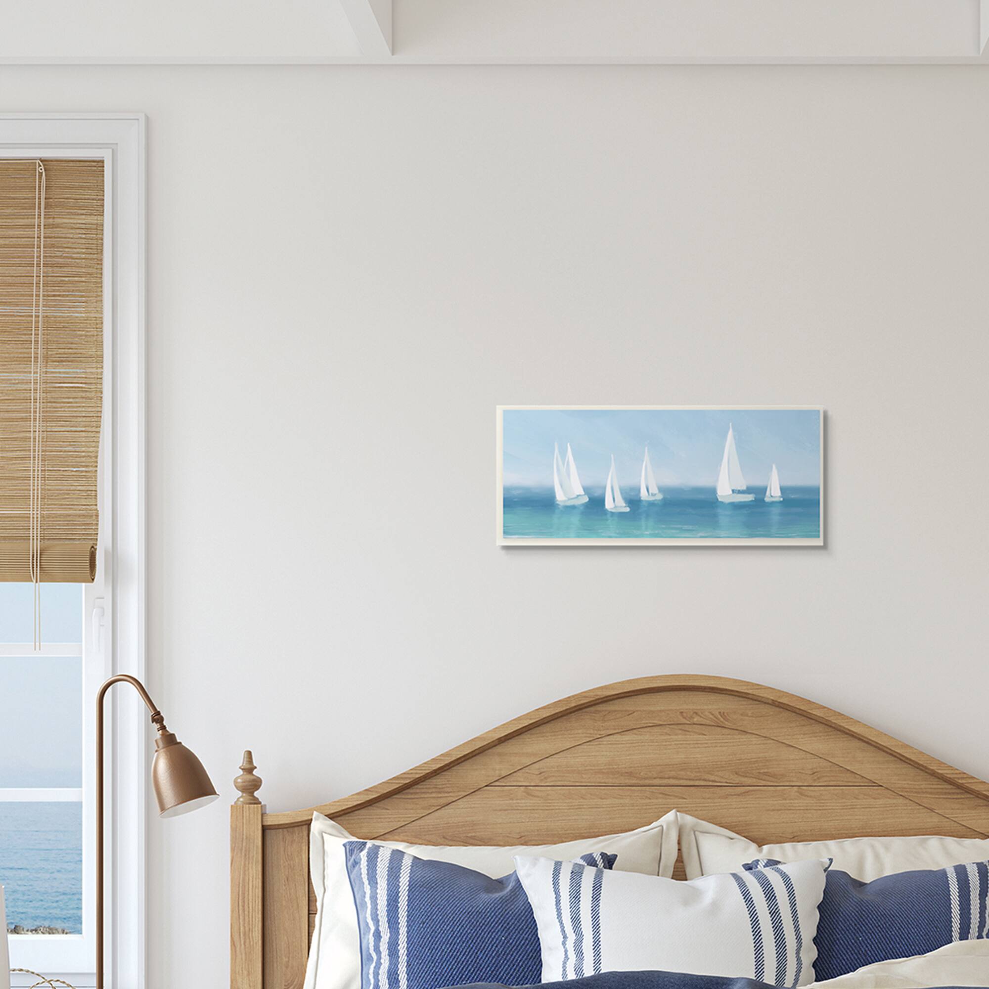 Stupell Industries White Sail Boats across Soft Blue Coast,7" x 17"