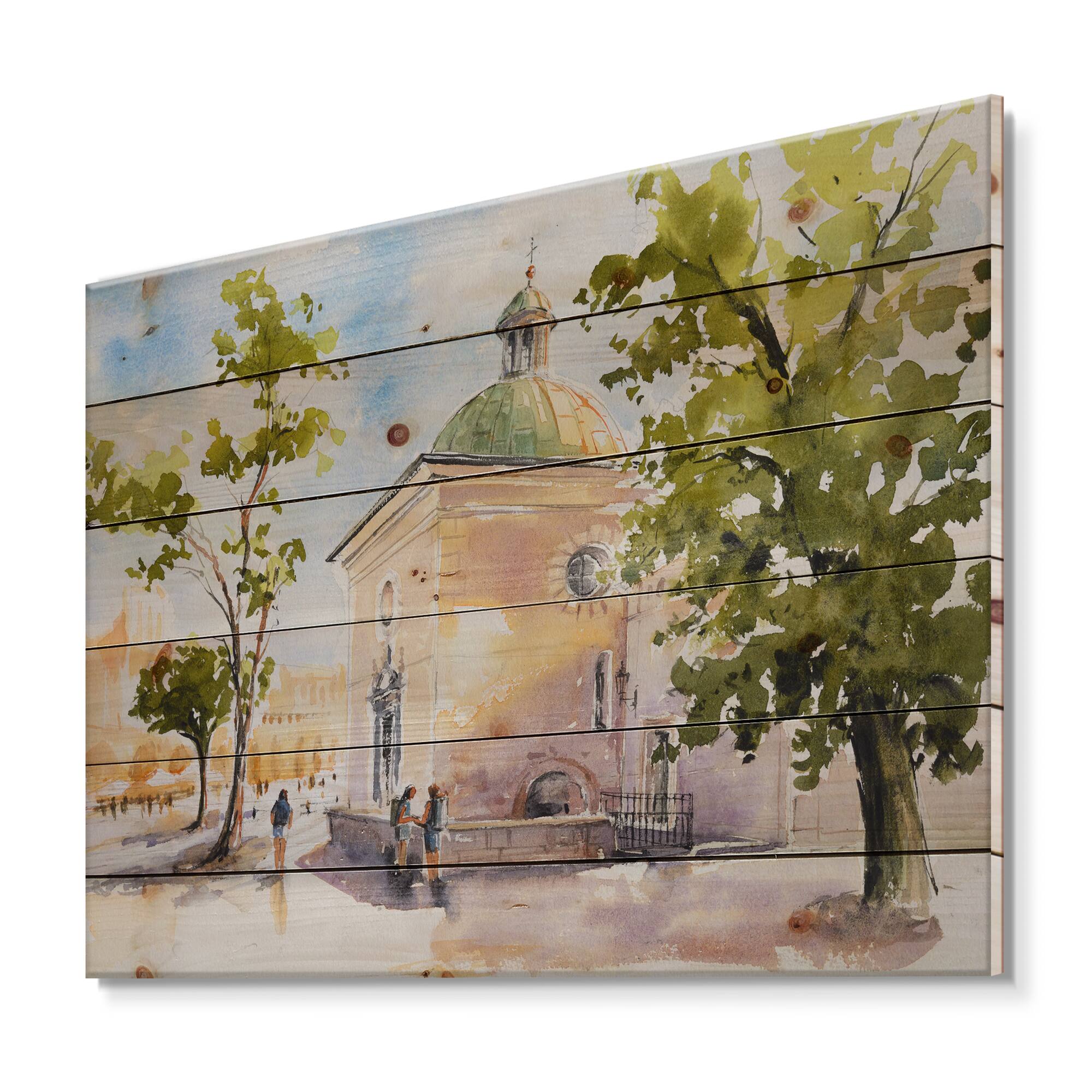 Designart - Rustic Church In The Village - Country Print on Natural Pine Wood