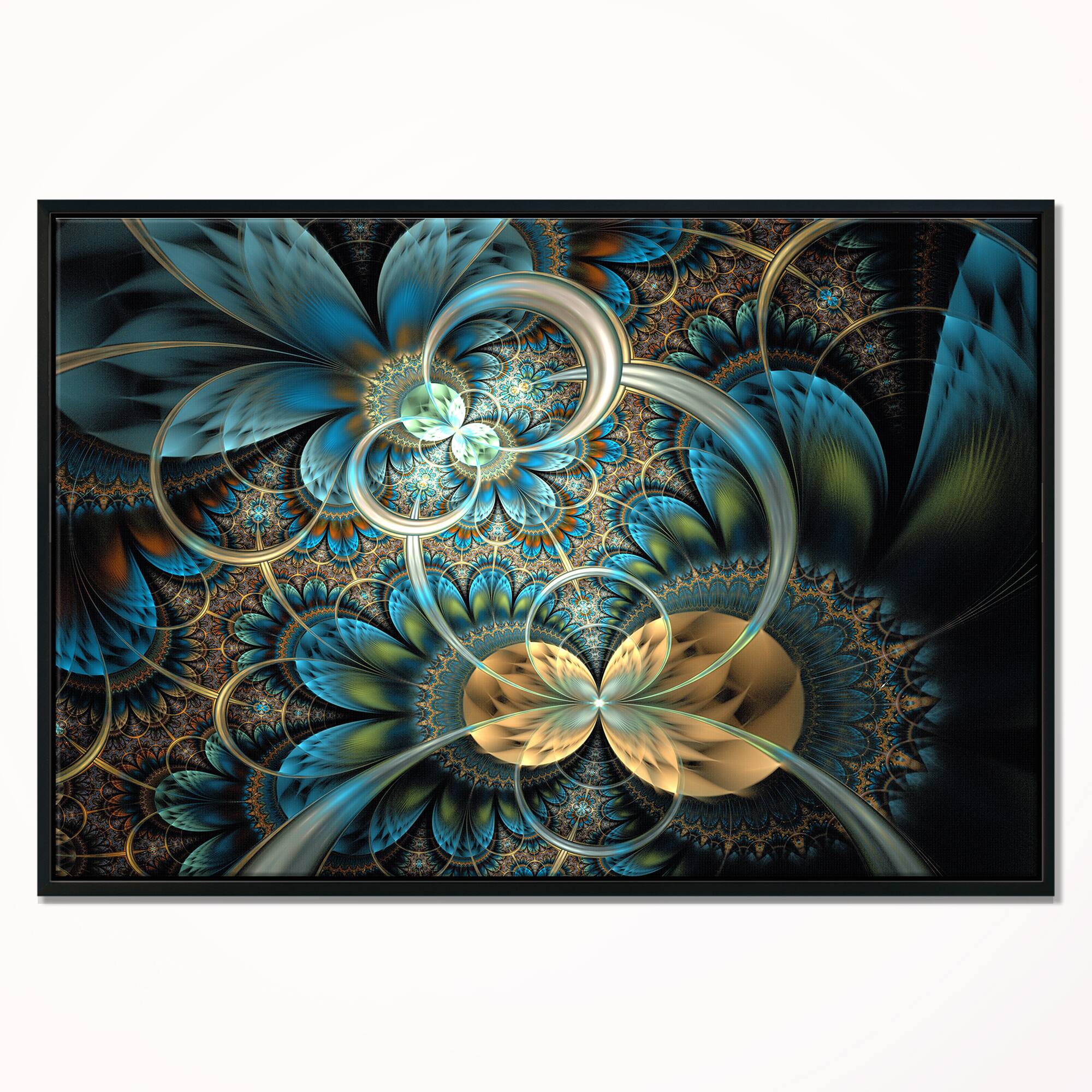 Designart - Symmetrical Blue Gold Fractal Flower - Abstract Print On Framed Canvas
