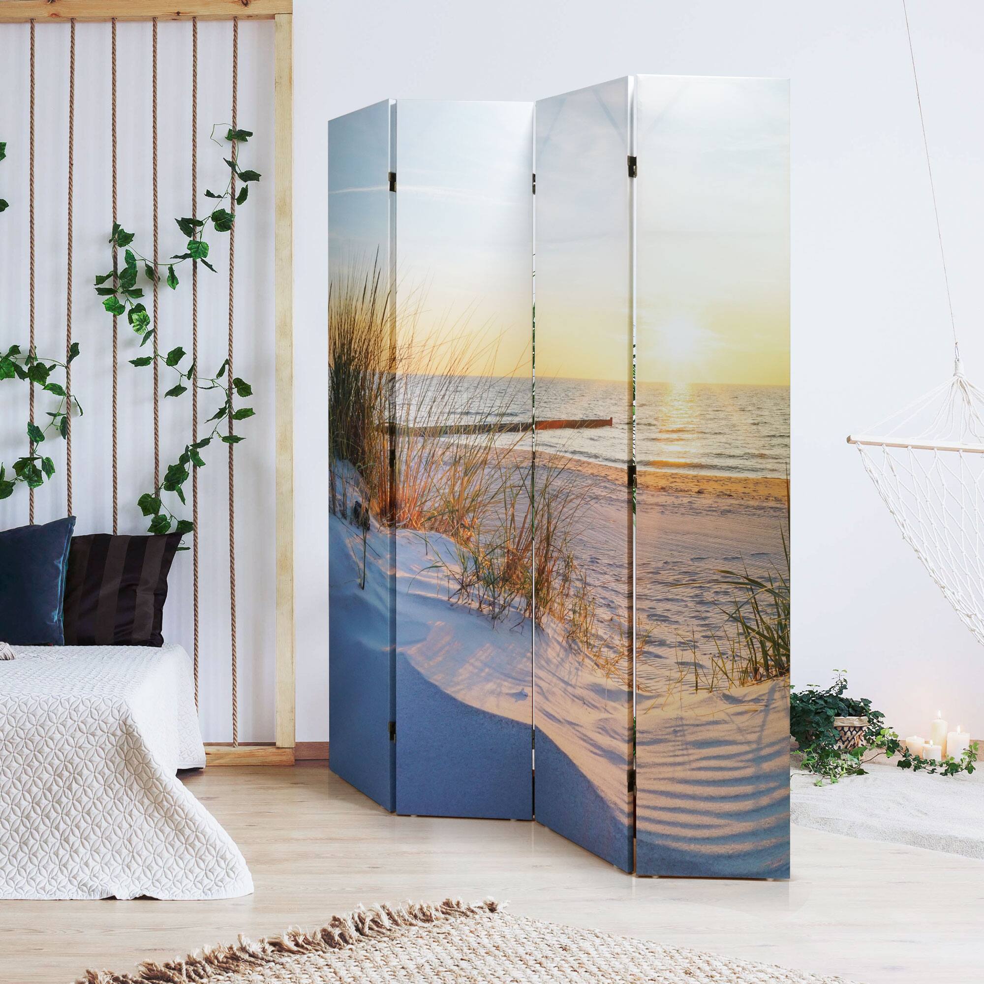 American Art Decor&#x2122; 6ft. Double-Sided 4-Panel Baltic Sea Beach Sunrise Portable Canvas Privacy Screen