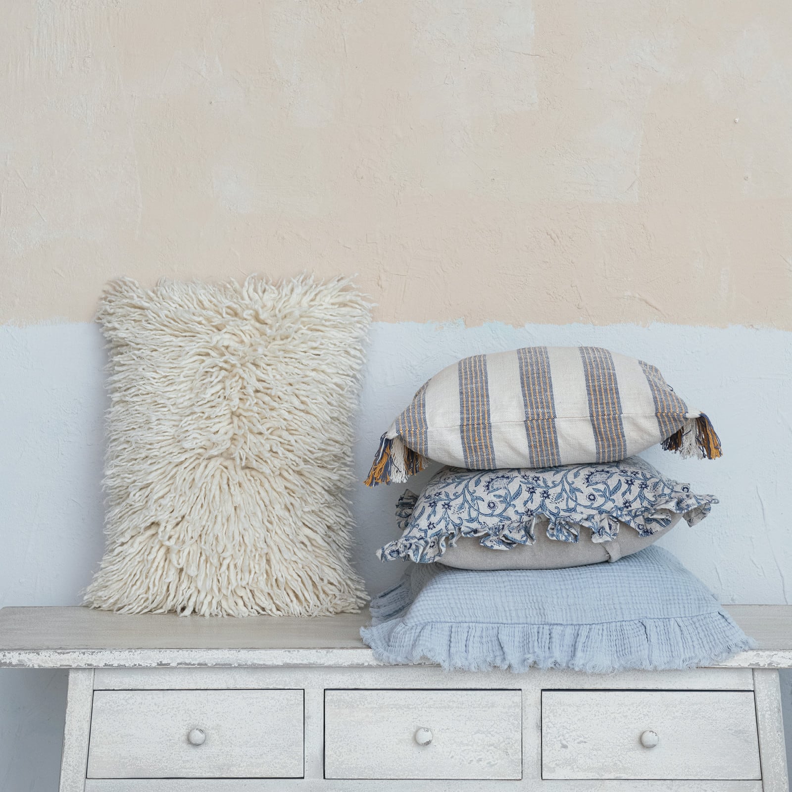 Hello Honey&#xAE; 18&#x22; Blue &#x26; White Floral Accent Pillow with Ruffled Edges