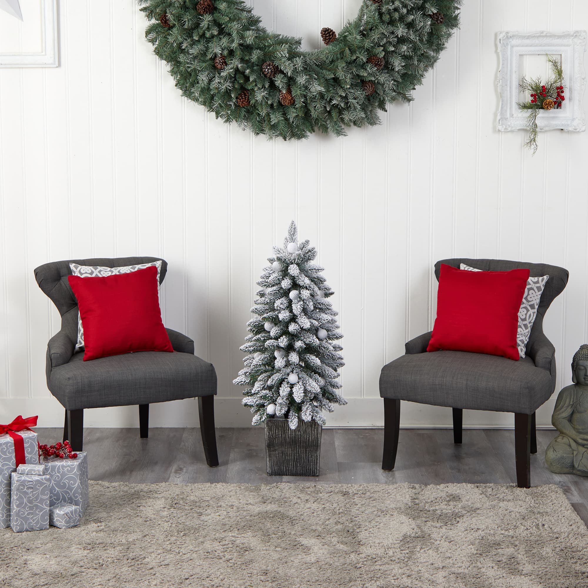 3ft. Pre-Lit Flocked Highland Fir Artificial Christmas Tree in Decorative Planter, Multicolor 20 LED Lights