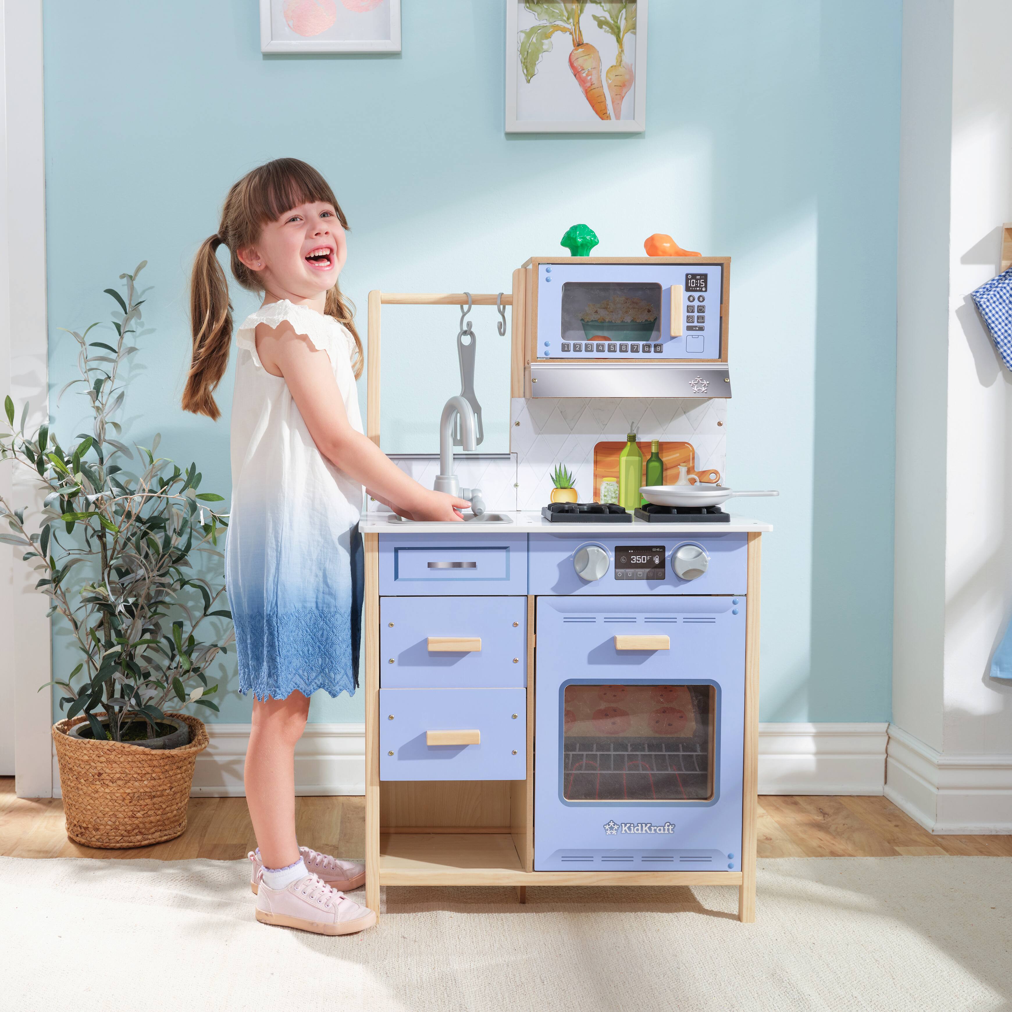 KidKraft Cheerful Chef Blue Wooden Play Kitchen with 5 Accessories