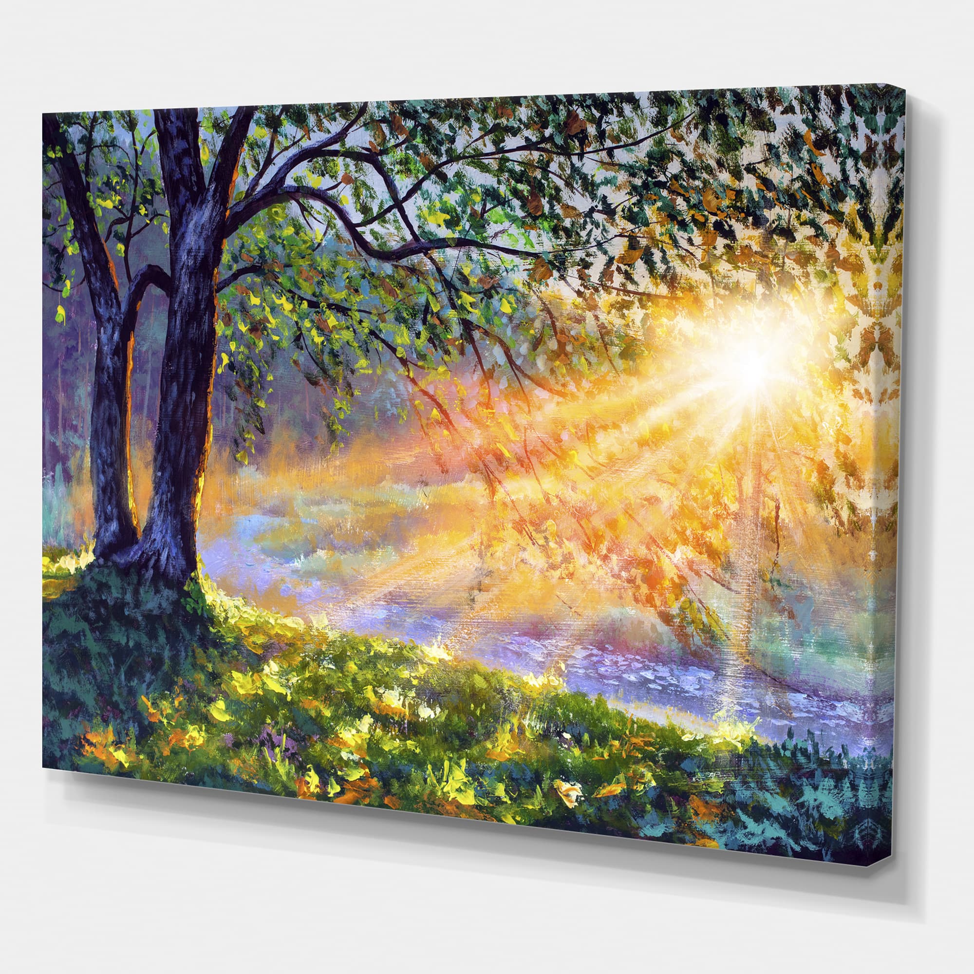 Designart - Dawn Sunshine Light By The River - Farmhouse Canvas Wall Art Print