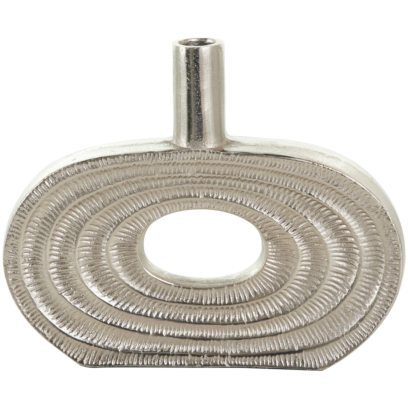 12" Silver Aluminum Geometric Circular Vase with Linear Etchings