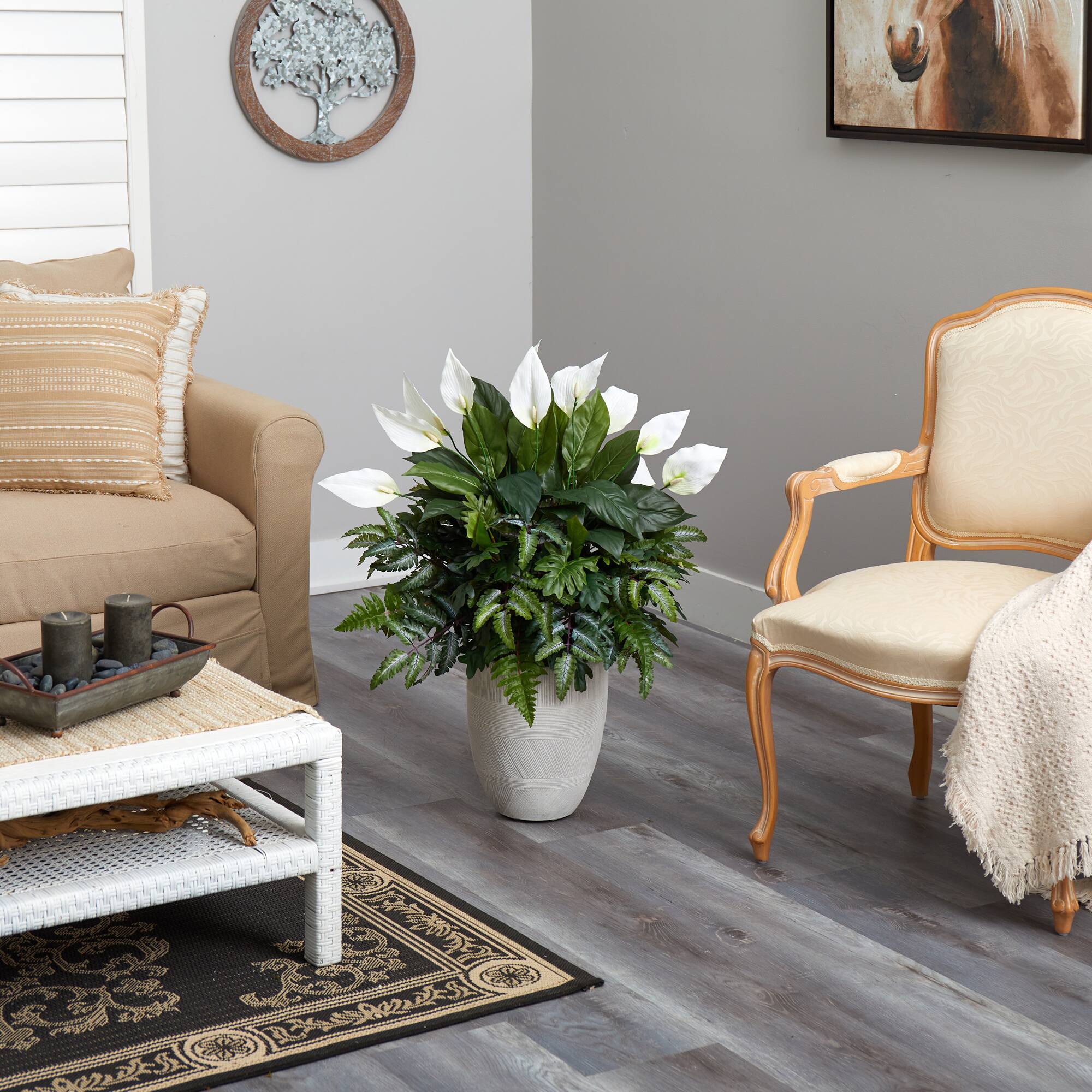 3ft. Mixed Peace Lily Plant in Decorative White Planter