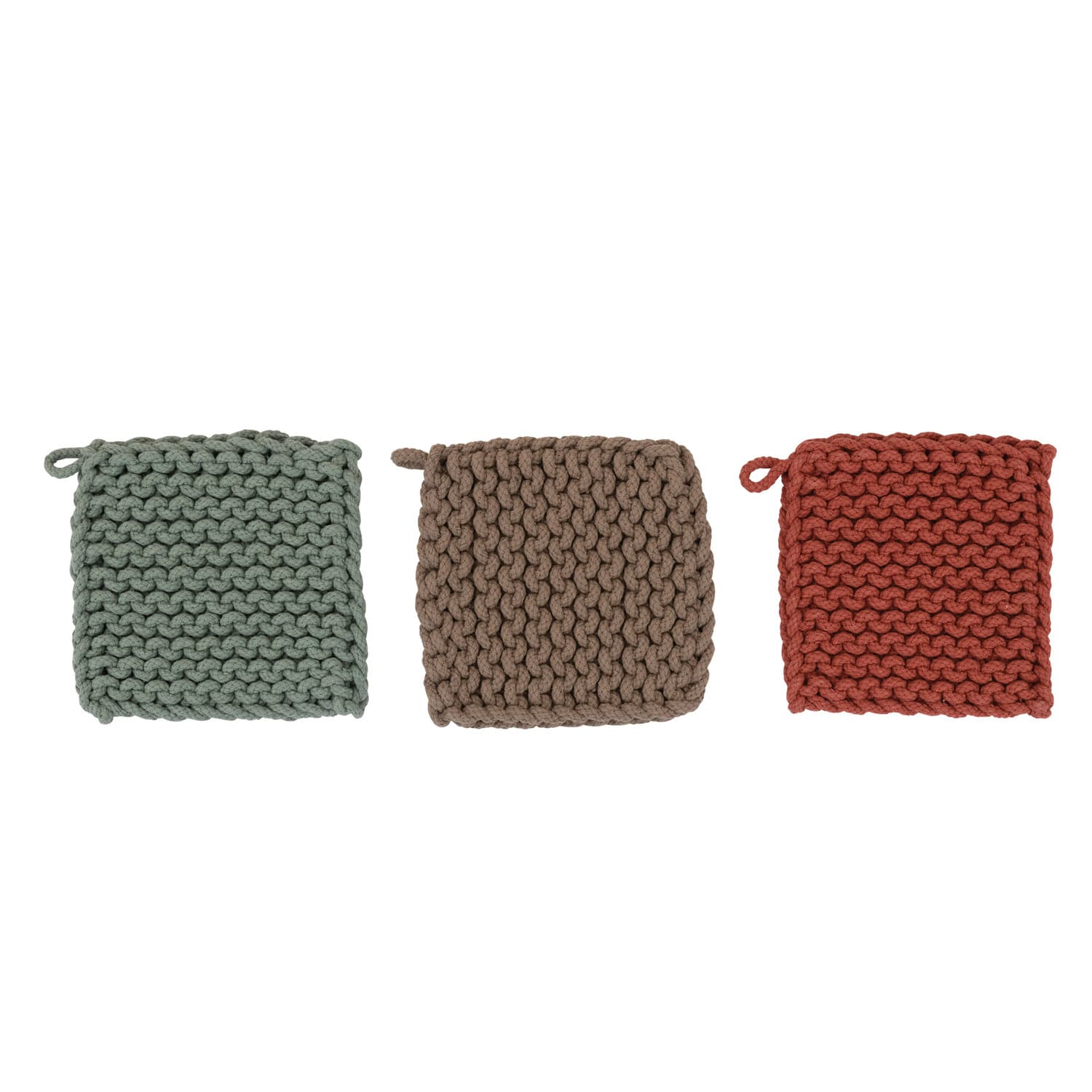 Hello Honey&#xAE; 8&#x22; Blue, Red &#x26; Brown Square Crocheted Cotton Pot Holder Set