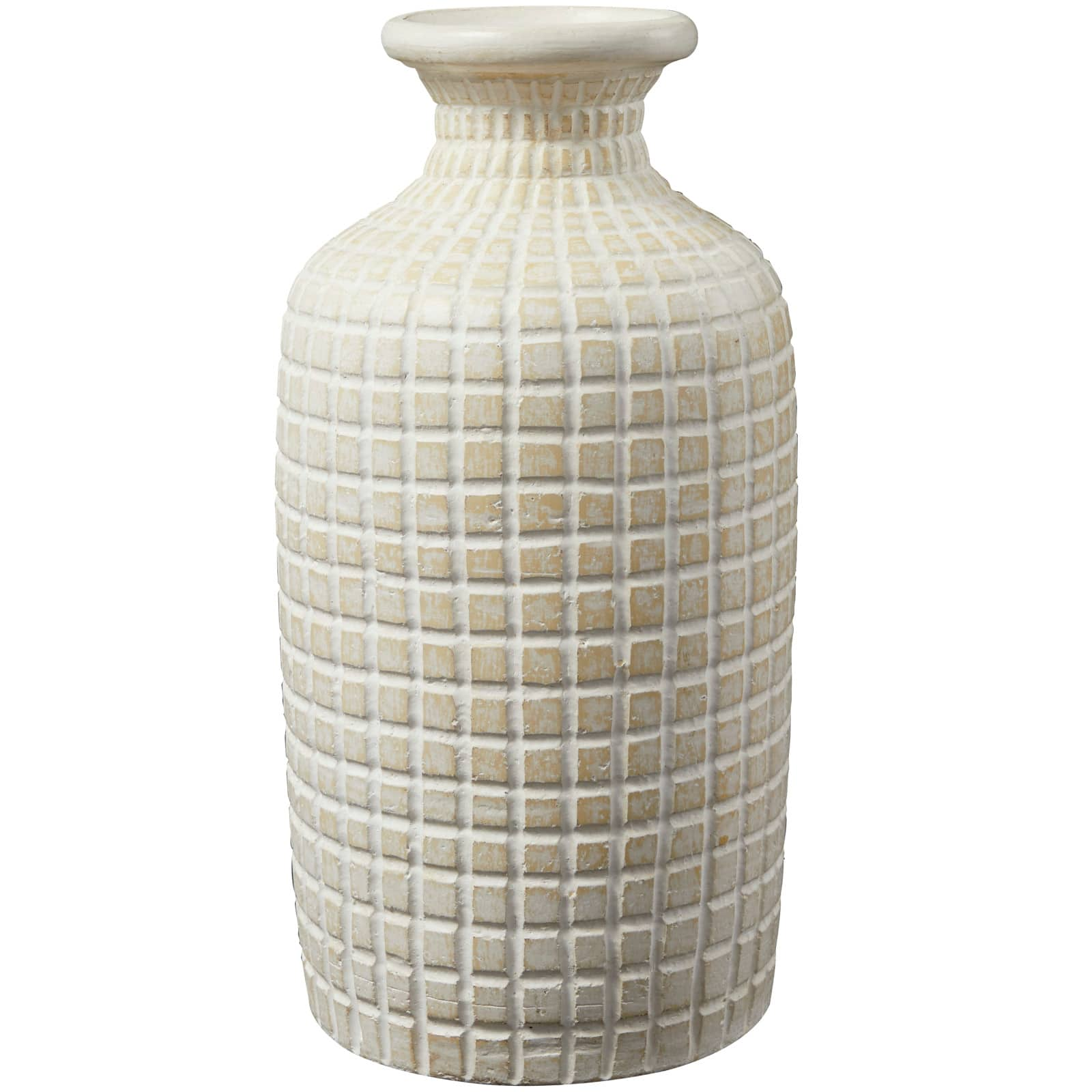 Cream Ceramic Textured Geometric Vase with Checkered Pattern