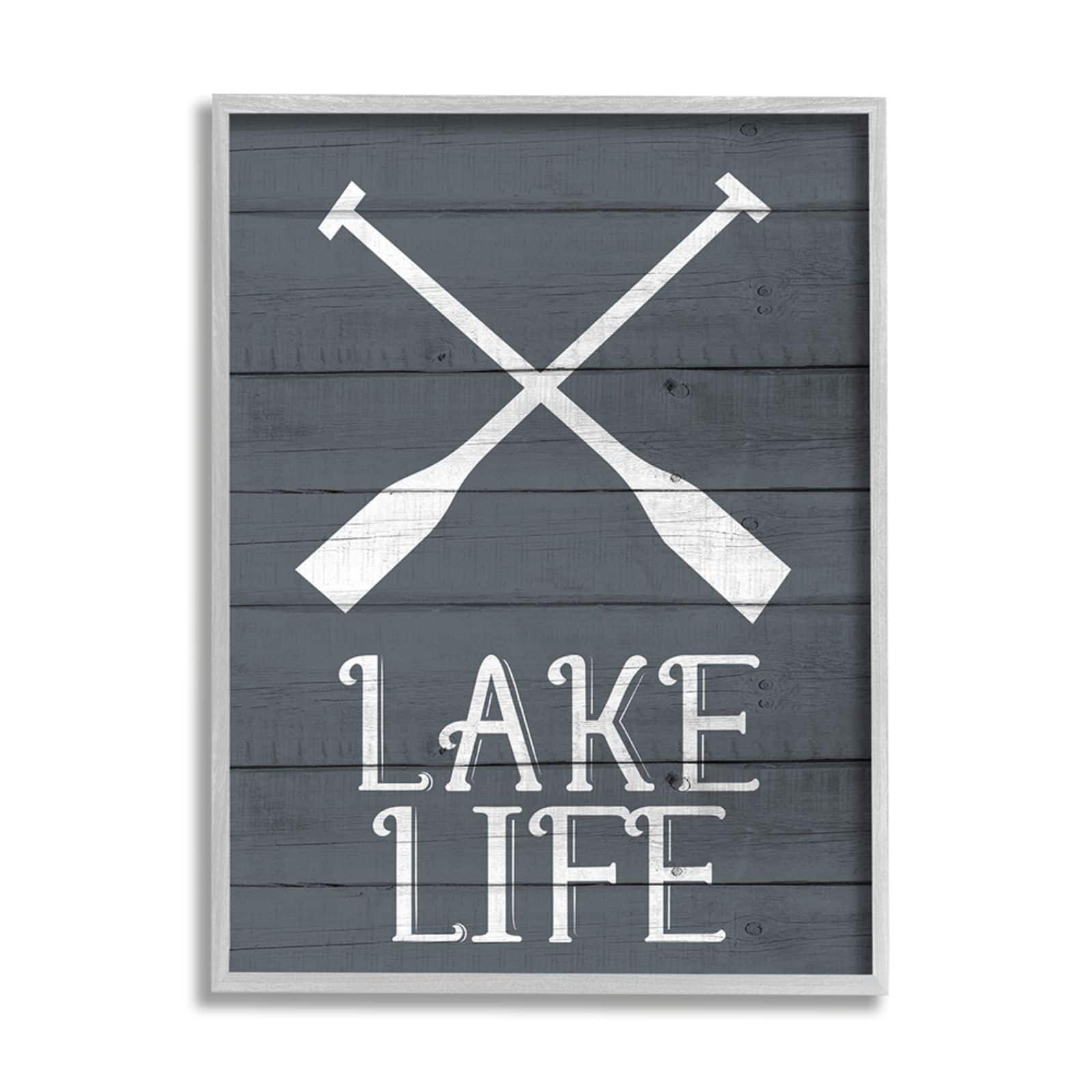 Stupell Industries Nautical Blue Lake Life Phrase Rustic Boat Oars Gray Framed Wall Art