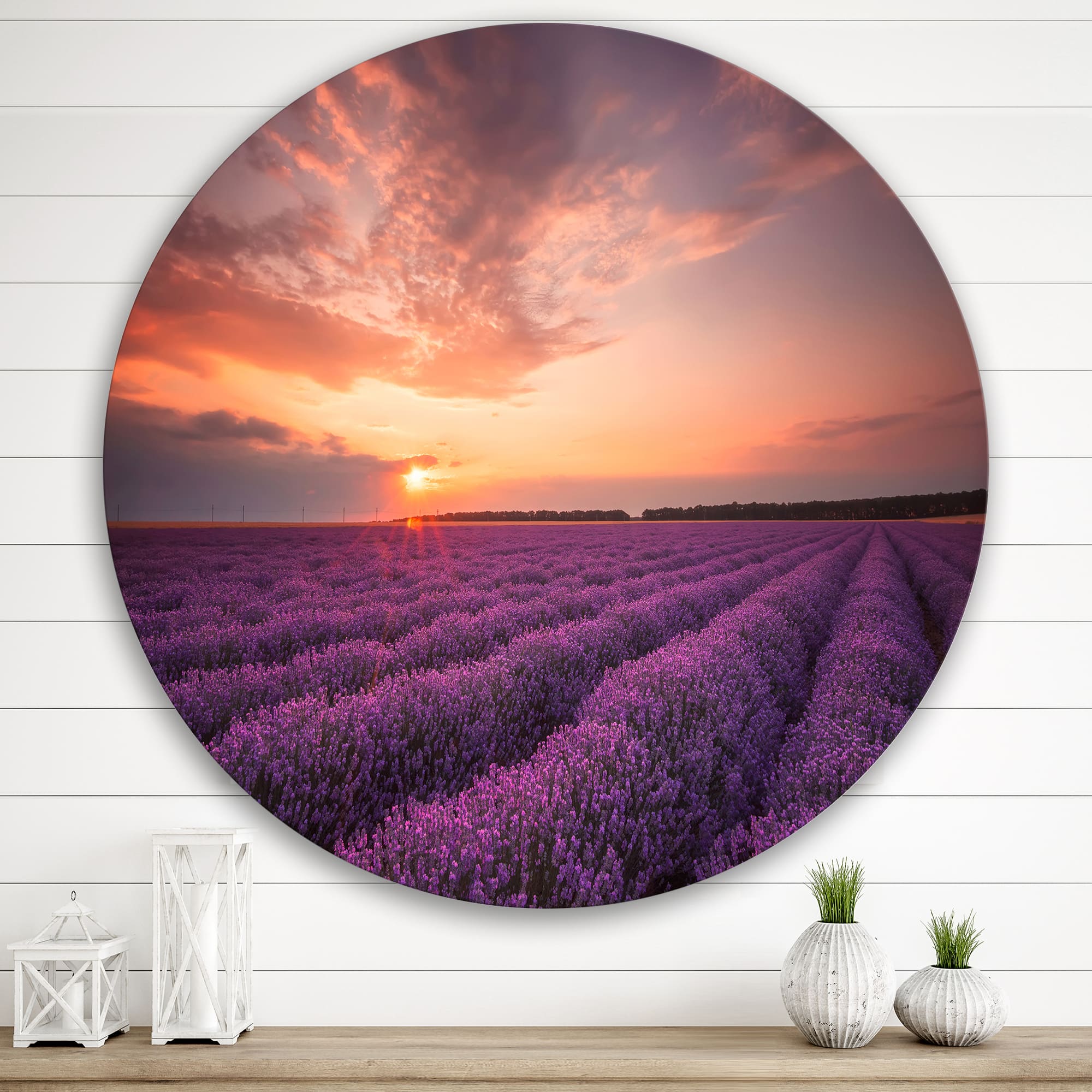 Designart - Sunrise &#x26; Dramatic Clouds Over Lavender Field XII - Farmhouse Metal Circle Wall Art