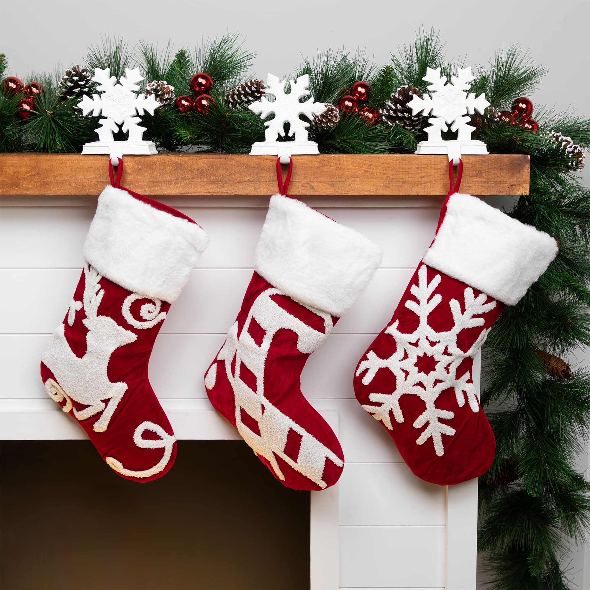 Reindeer and Snowflake Embroidered Christmas Stockings - 20&#x22; - Set of 3