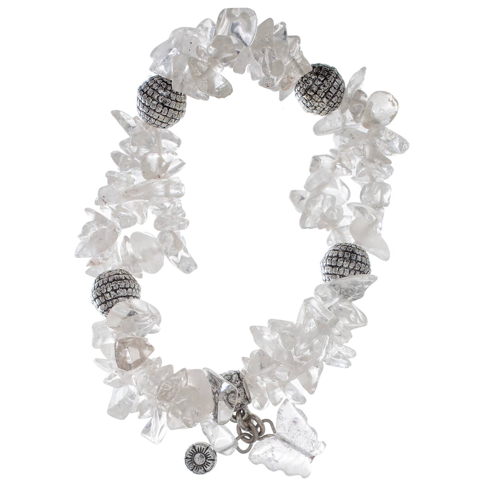 John Bead Crystal Quartz Clear Natural Stone 2-Strand Bracelet with Butterfly Charm