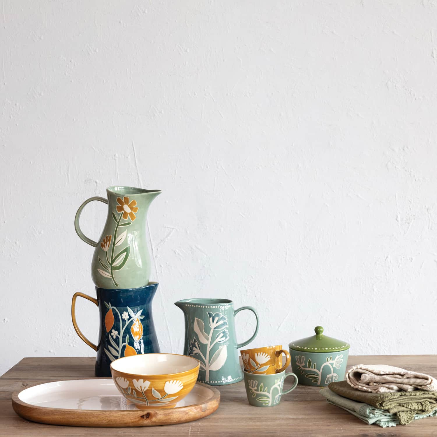 8&#x22; Blue Hand-Painted Wax Relief Pattern Stoneware Pitcher