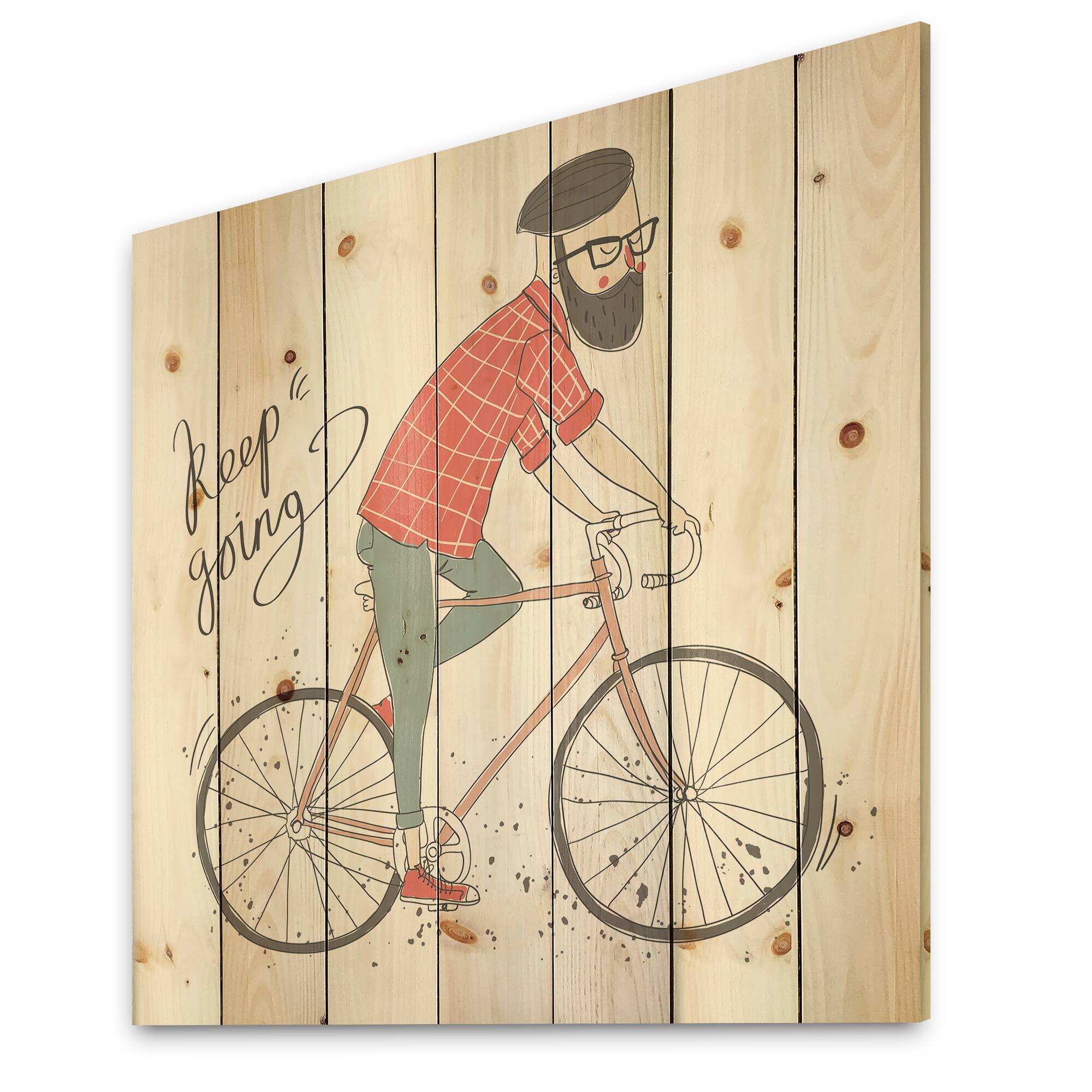 Designart - Hipster Man On A Bicycle - Children&#x27;s Art Print on Natural Pine Wood