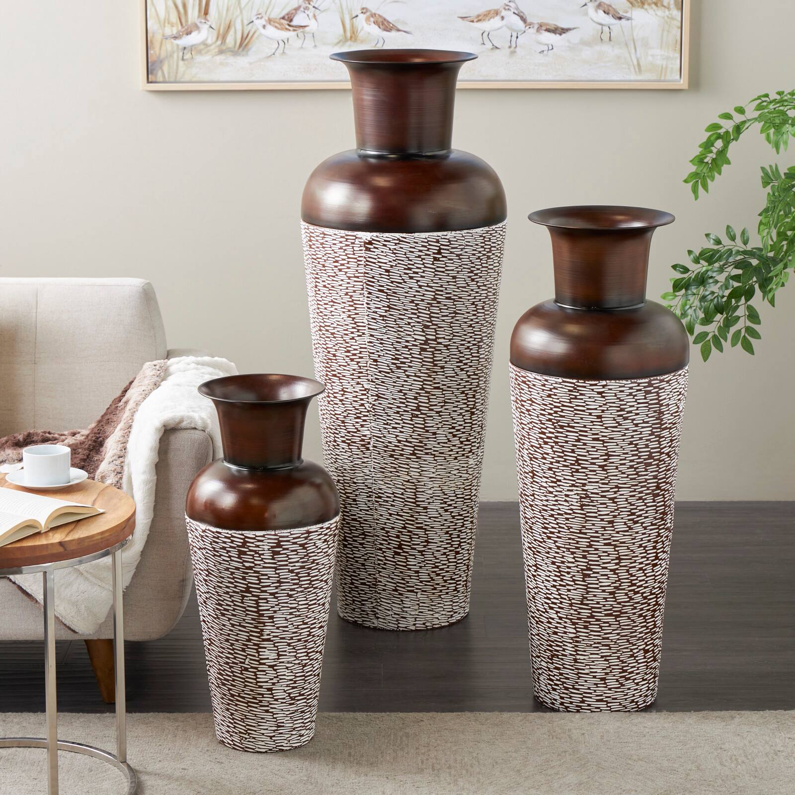 White & Brown Spotted Tapered Floor Metal Vase Set